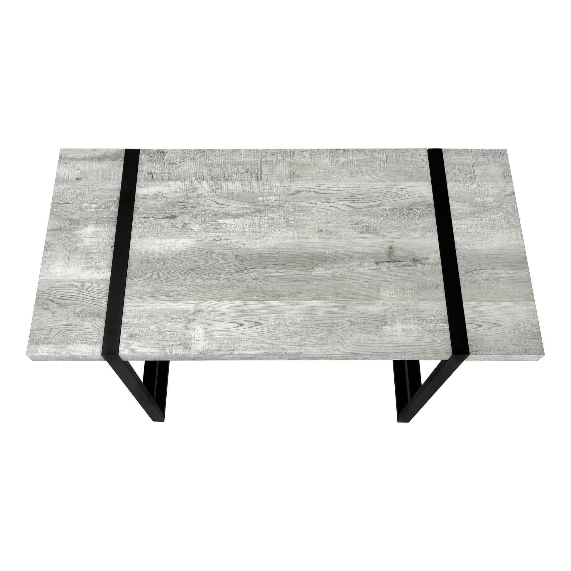 Modern grey wood grain coffee table with black metal legs for living rooms