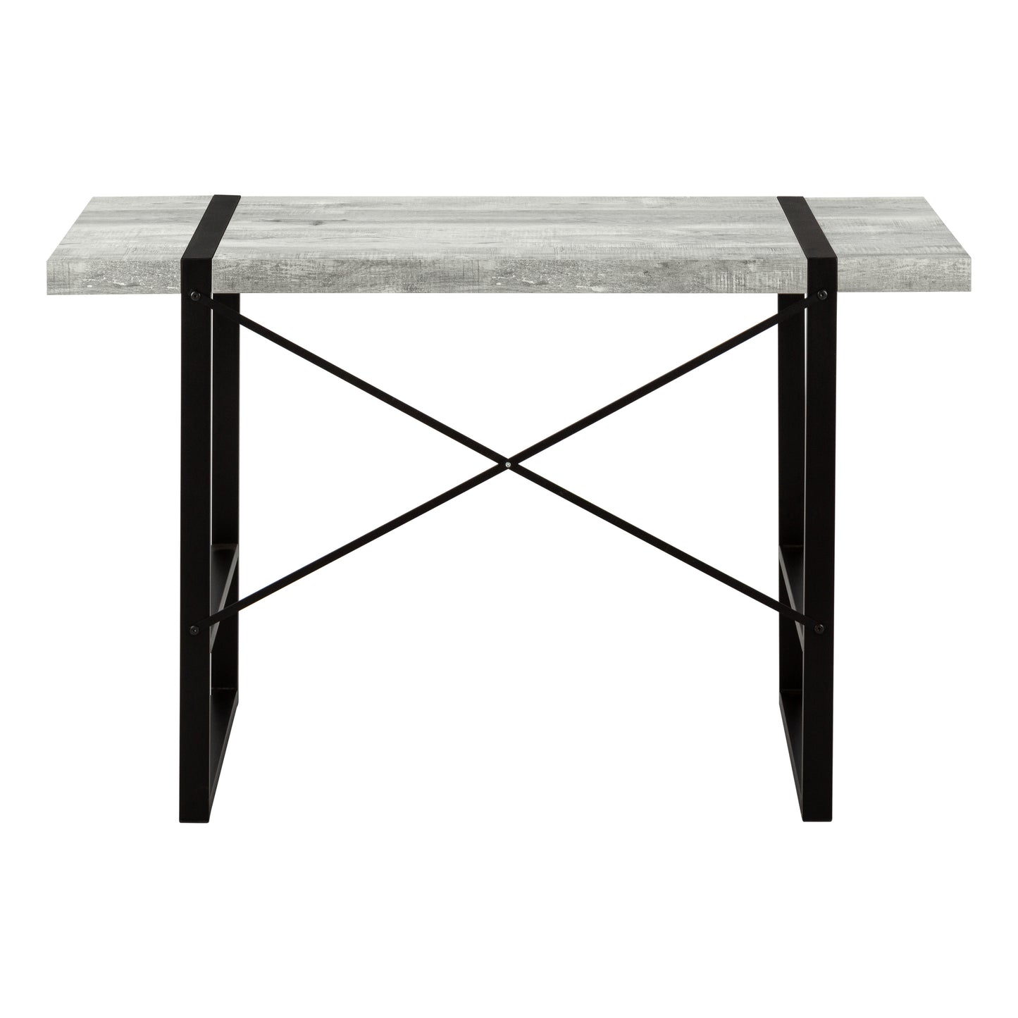 Gray wood grain console table with black metal frame and crossbrace support