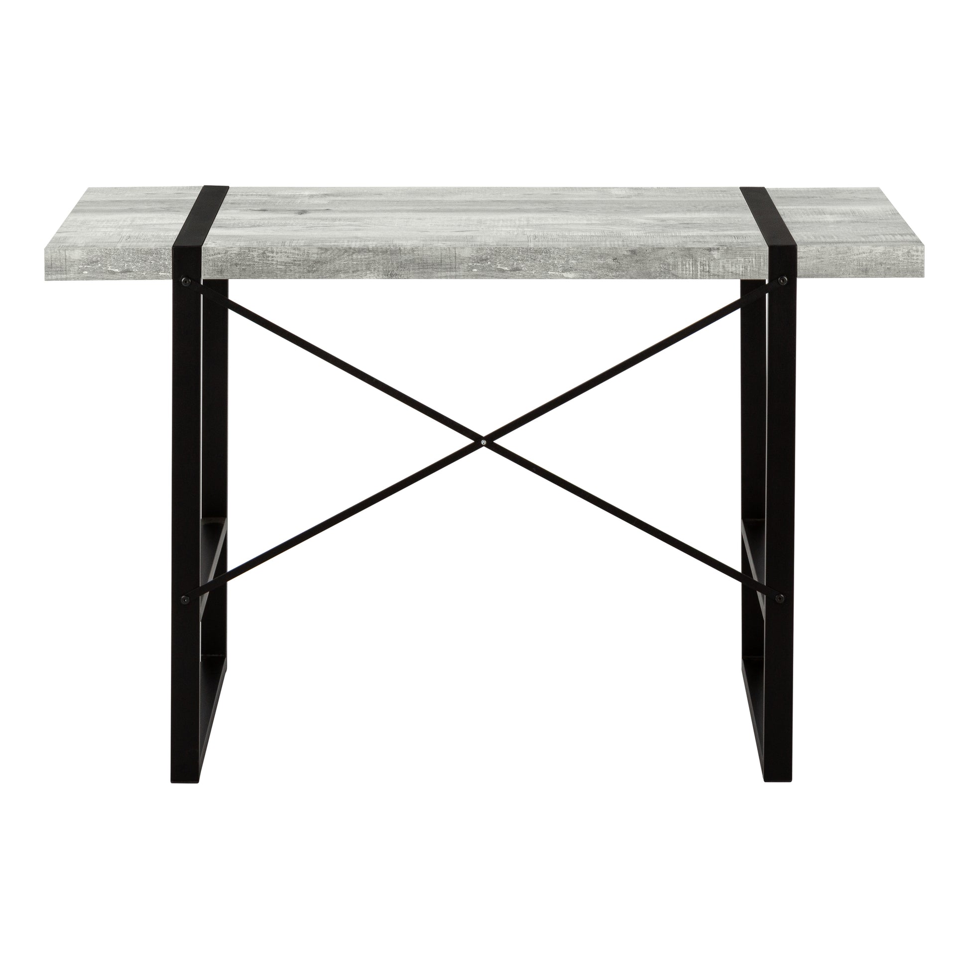 Gray wood grain console table with black metal frame and crossbrace support