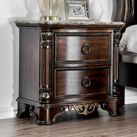 Dark wood ornate nightstand with marble top and two drawers