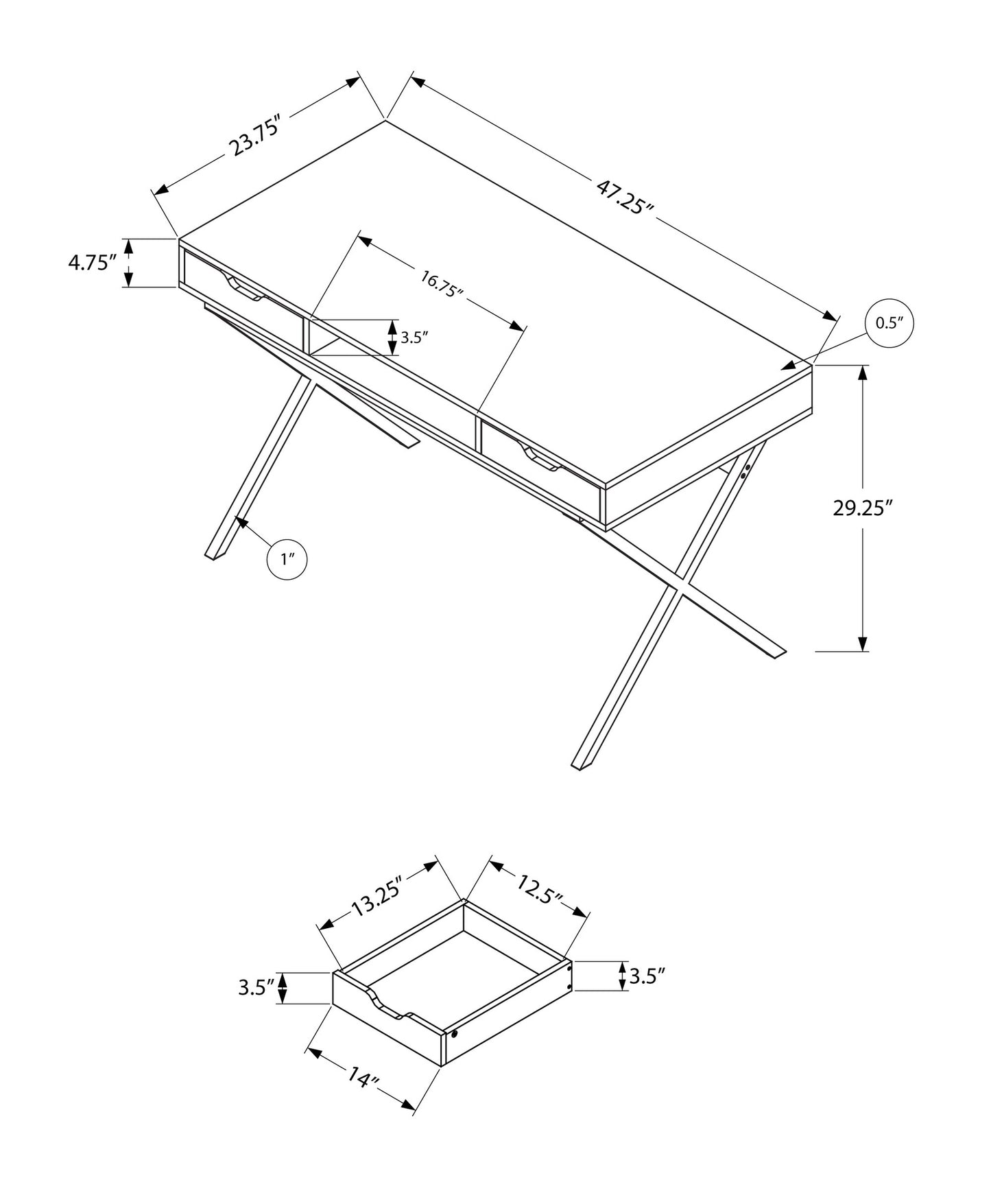Modern white desk with chrome Xlegs dimensions L x W x H