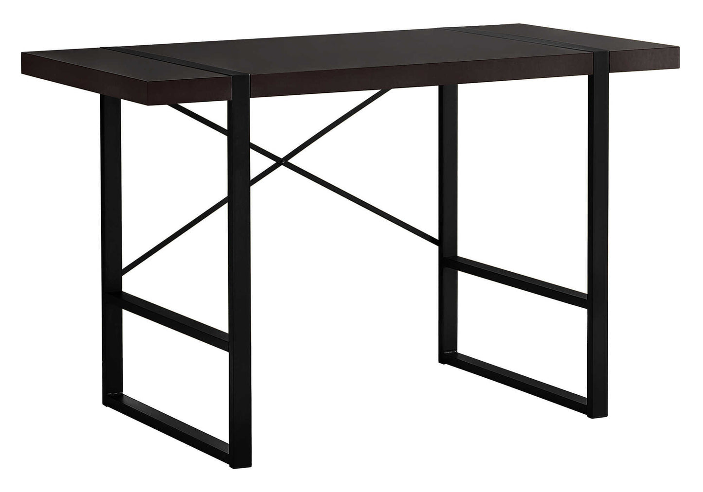 Dark espresso counter height desk with black metal frame and supportive cross bracing