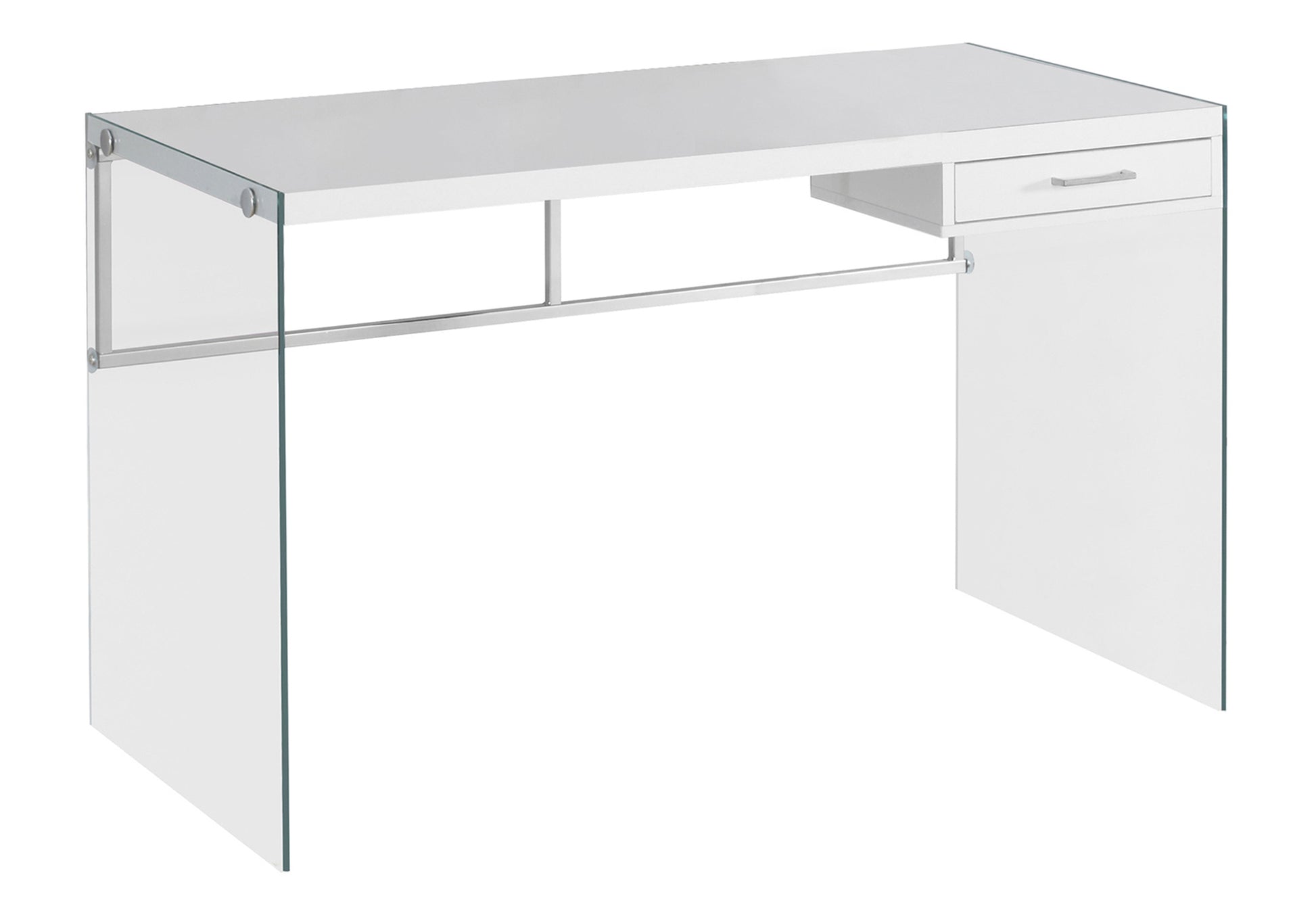 Modern white desk with clear glass legs and a single silverhandle drawer