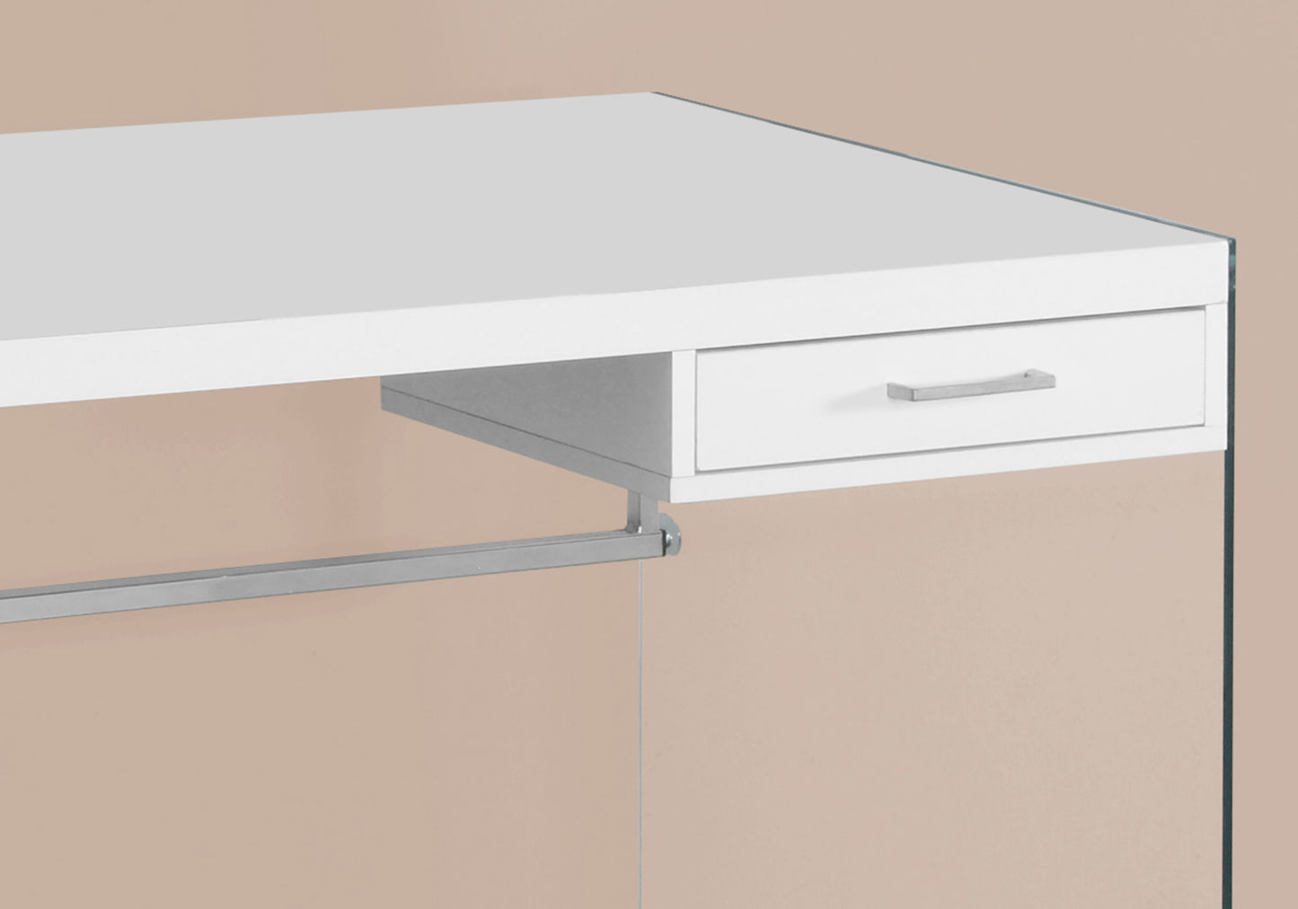 White modern desk with glass sides and one drawer with brushed metal pull