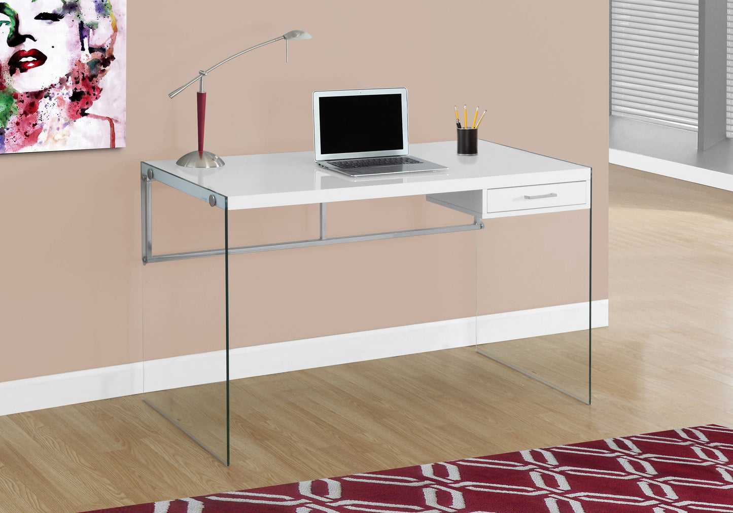 Modern white desk with glass legs and chrome accents ideal for home offices
