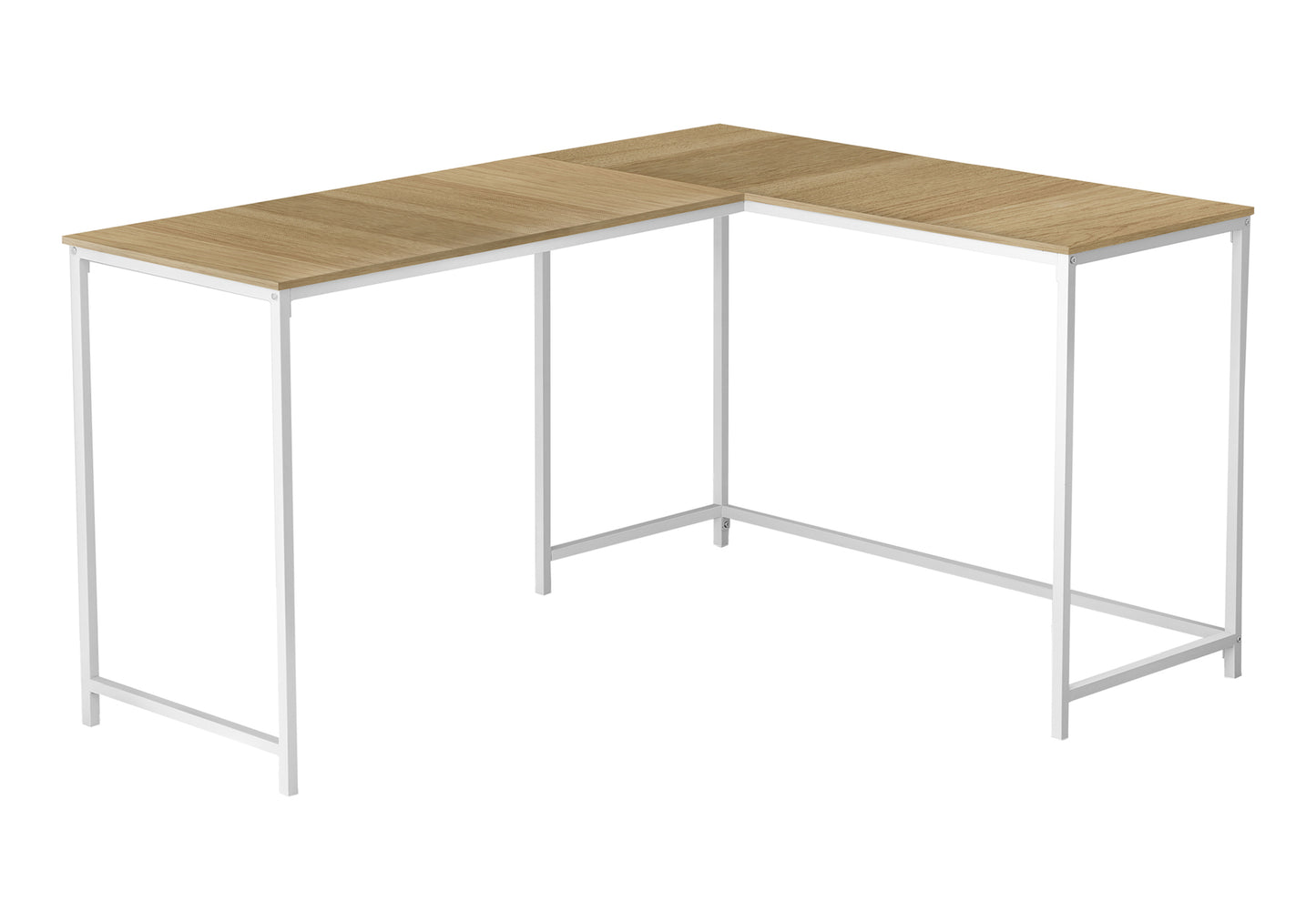 Lshaped modern desk with light oak finish and white metal frame perfect for home office spaces