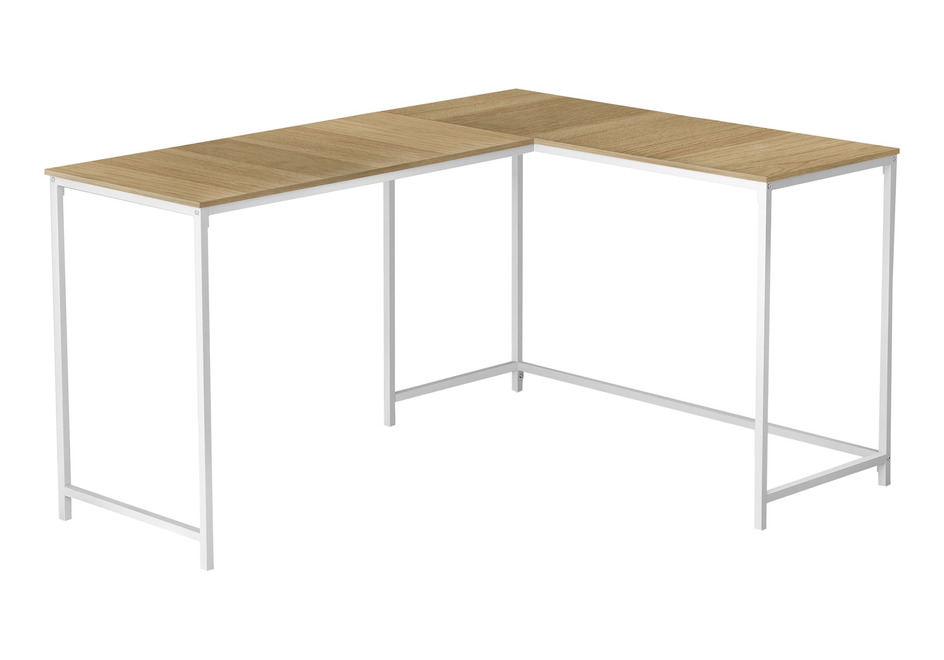 Lshaped modern desk with light oak finish and white metal frame perfect for home office spaces