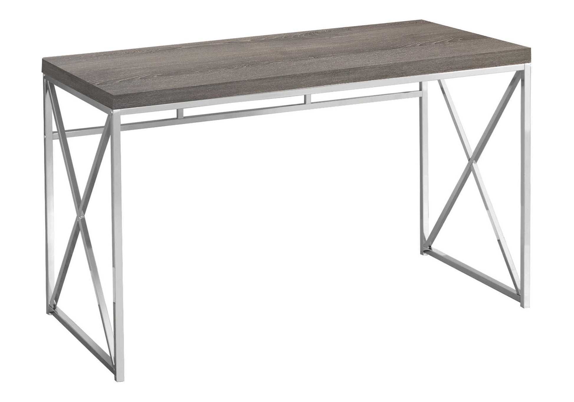 Modern grey wood grain desk with silver metal Xframe legs