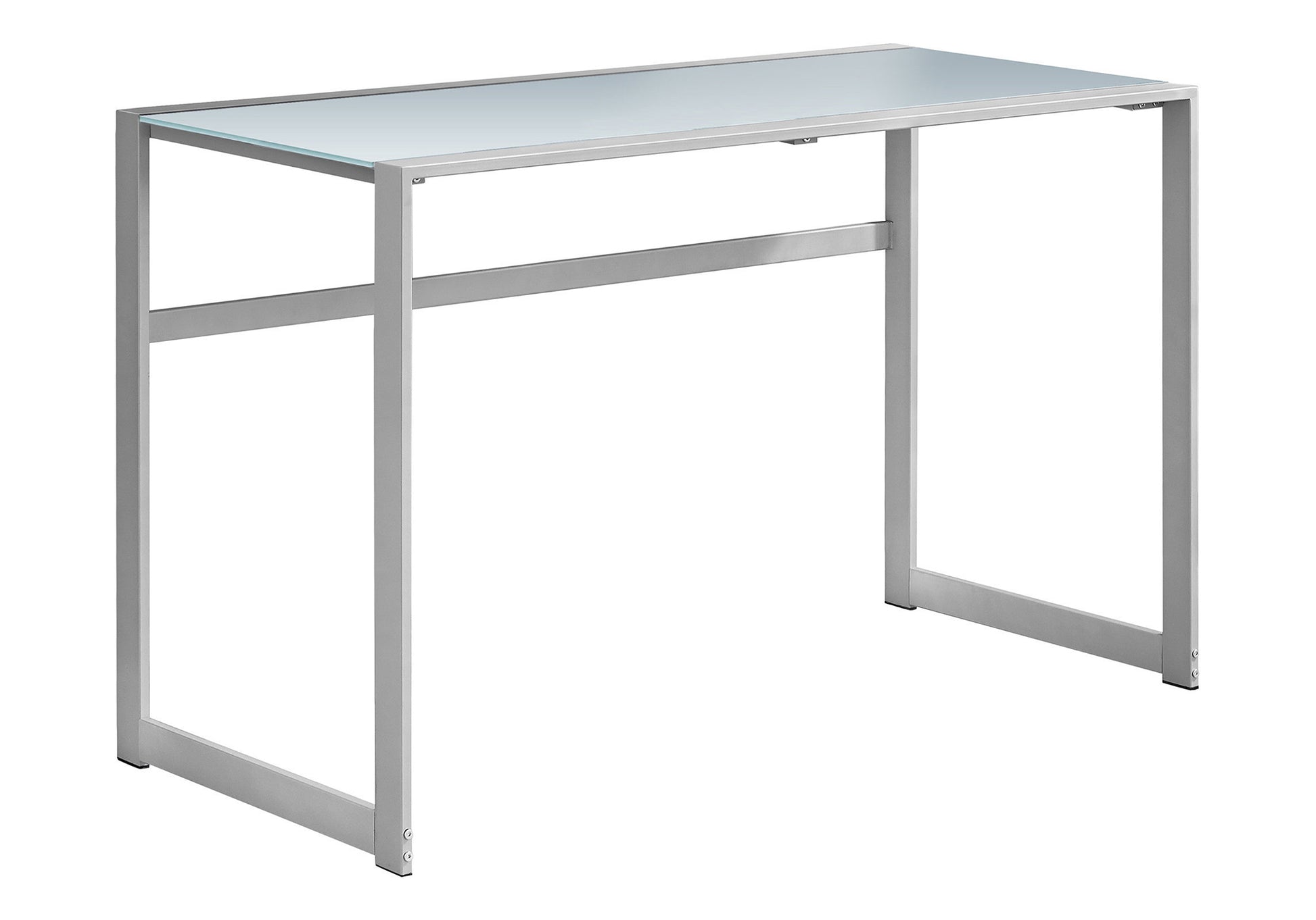 Modern silver metal desk with clear glass top and minimalist frame