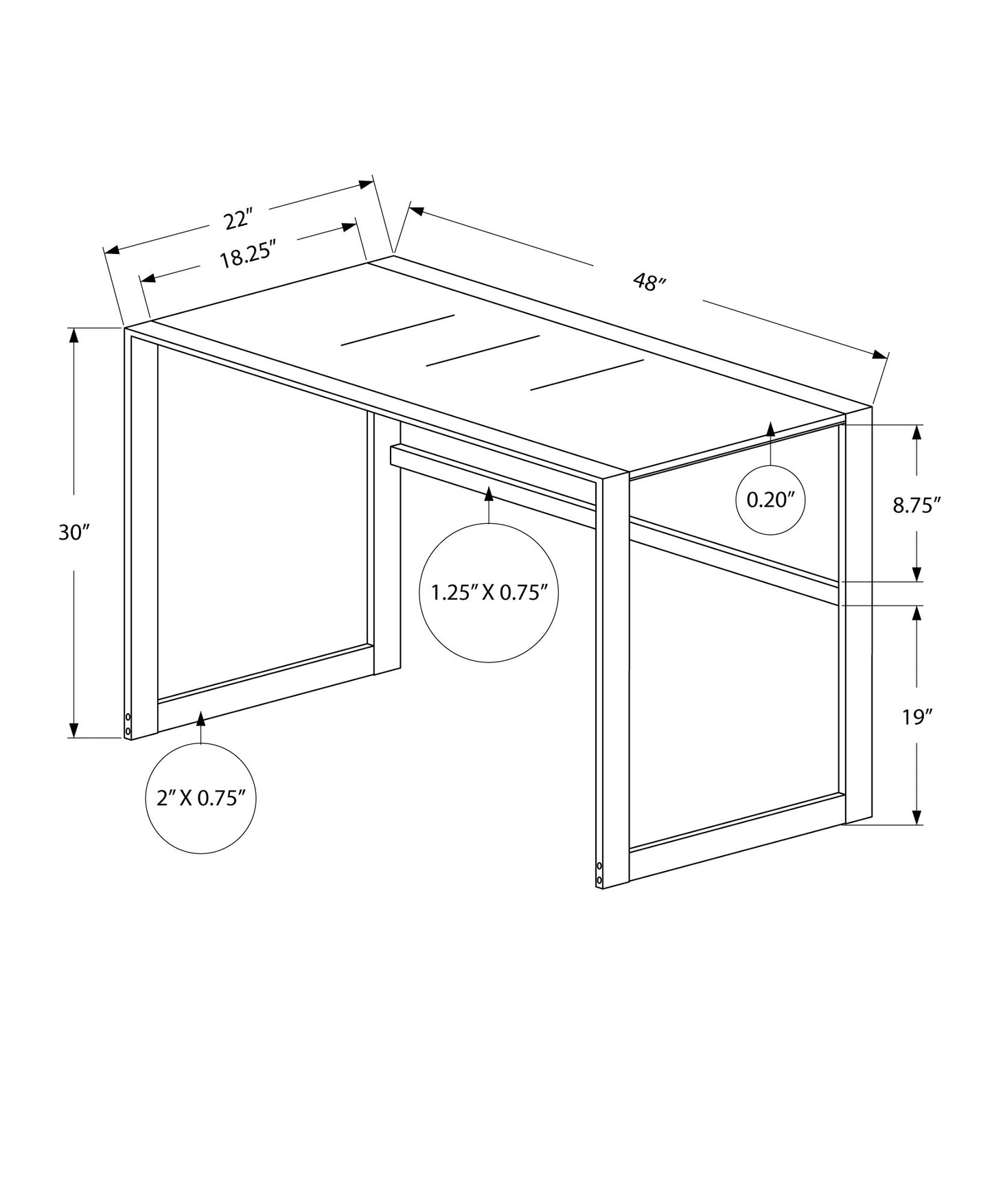 Technical drawing of a modern writing desk with dimensions marked