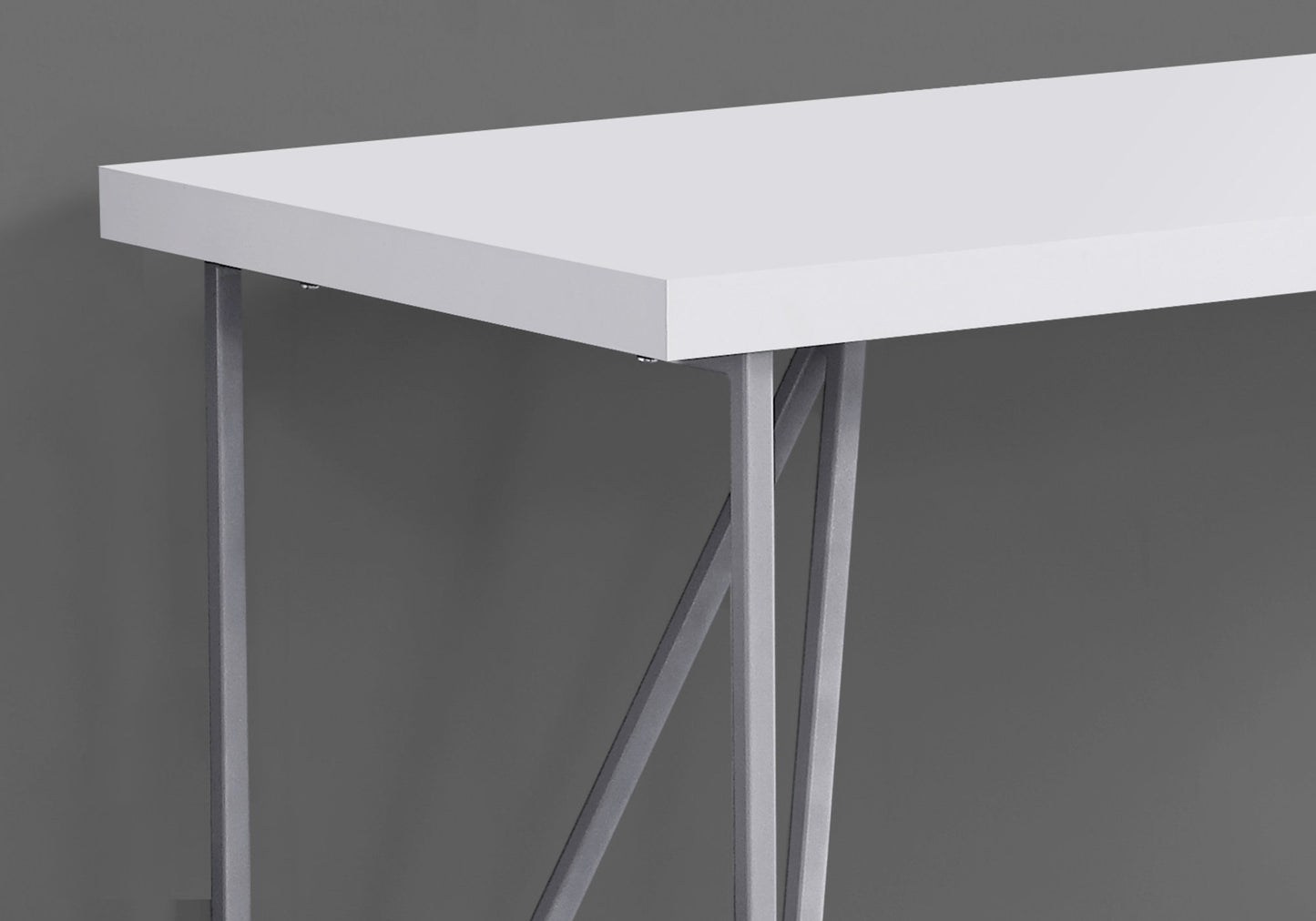 White modern console table with silver geometric legs for entryway decor
