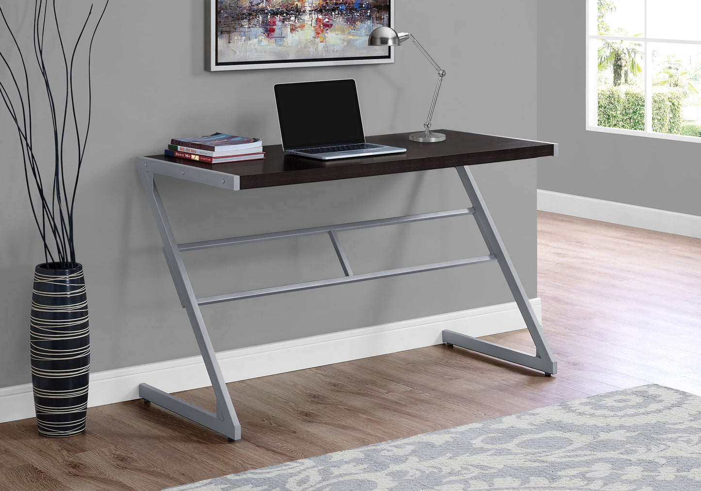 Dark wood modern computer desk with silver Zshaped legs