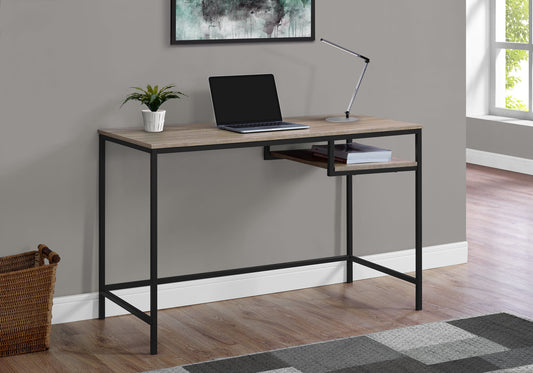 Modern narrow writing desk with natural wood top and black metal frame ideal for small spaces