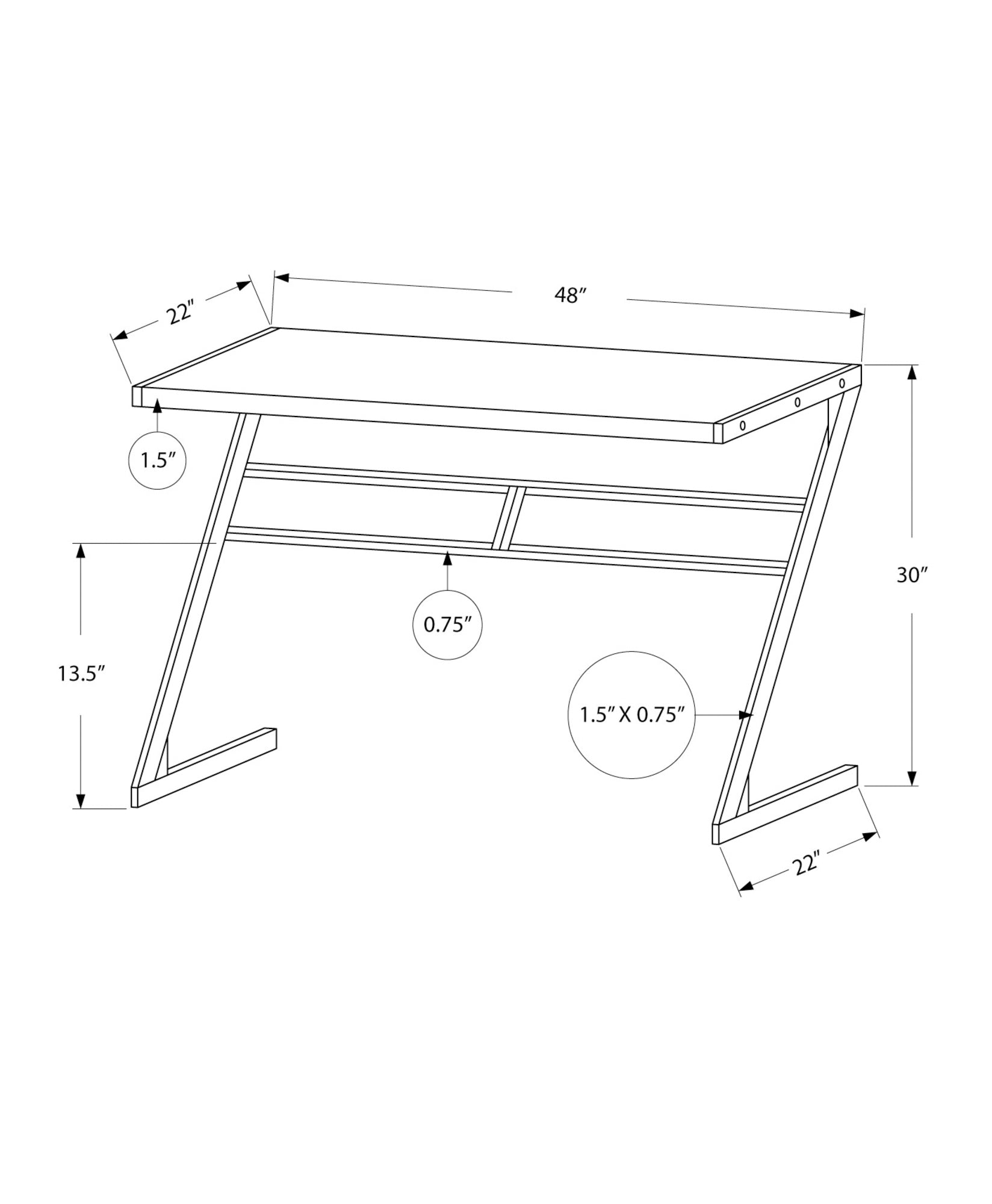 Diagram showing a modern Zframe desk with dimensions  W x  D x  H
