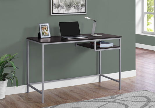 Dark brown modern computer desk with silver metal frame and integrated shelf