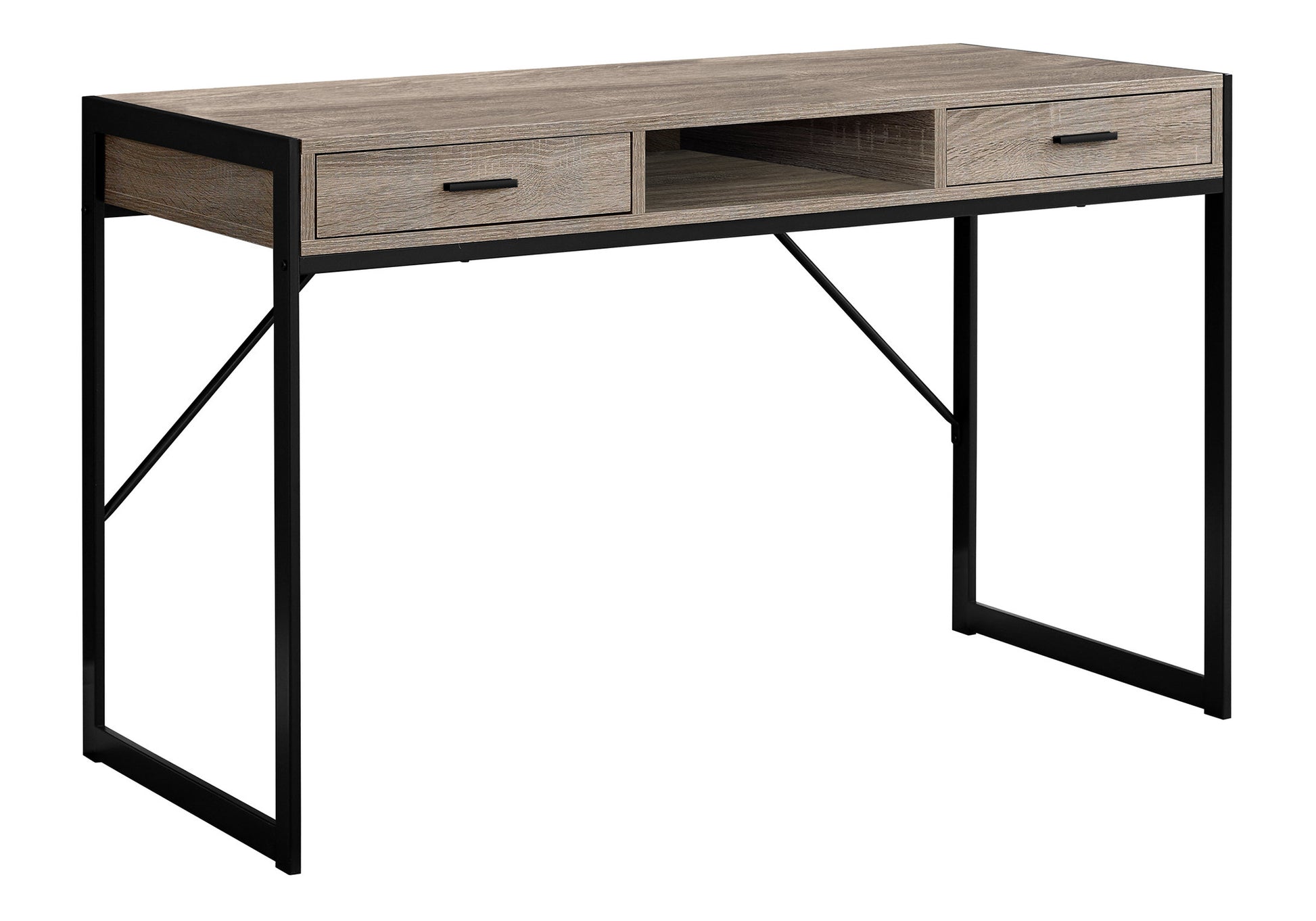 Rustic grey wood veneer desk with black metal frame and two drawers