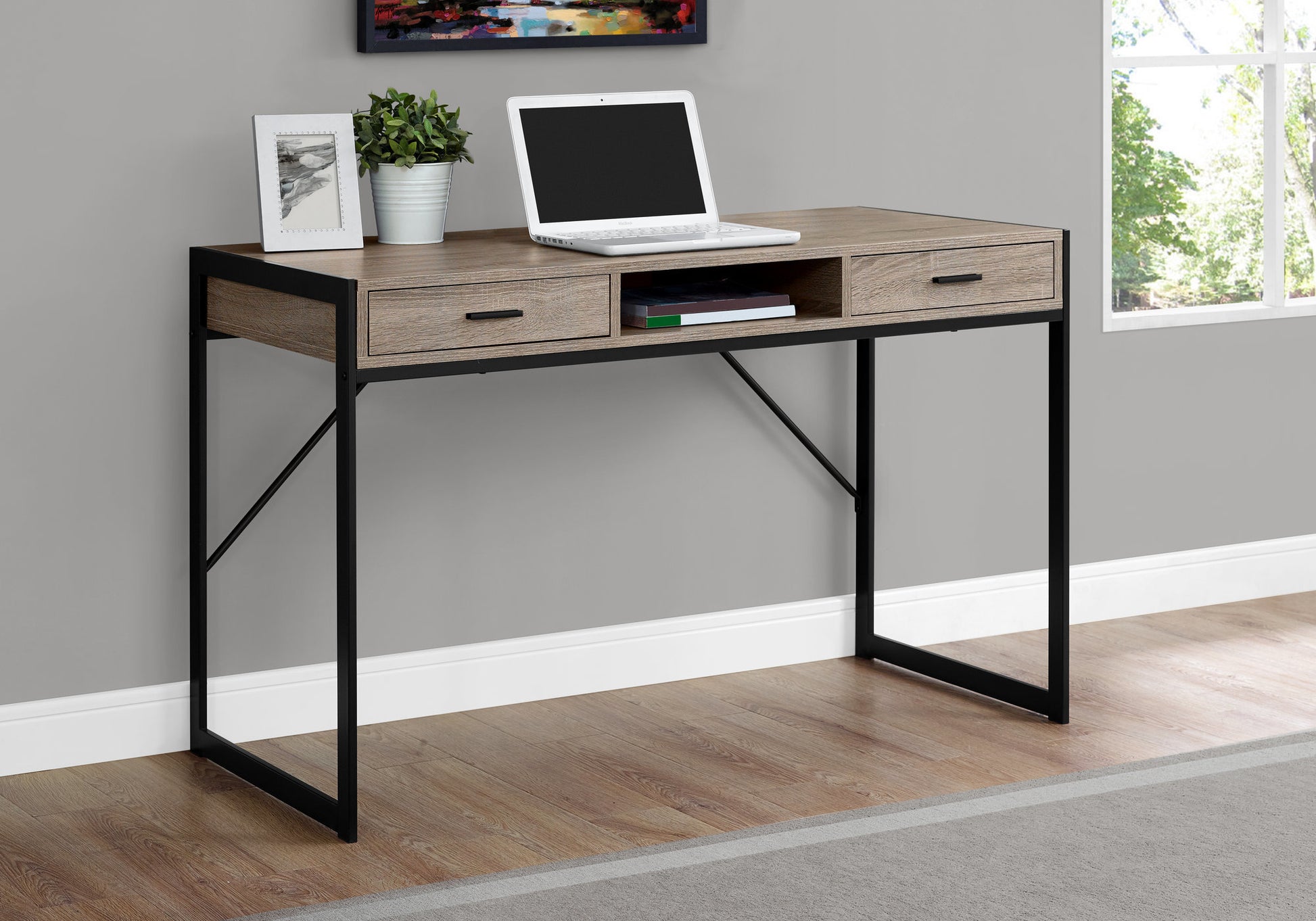 Rustic oak writing desk with black metal frame and two drawers