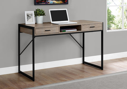 Rustic oak writing desk with black metal frame and two drawers