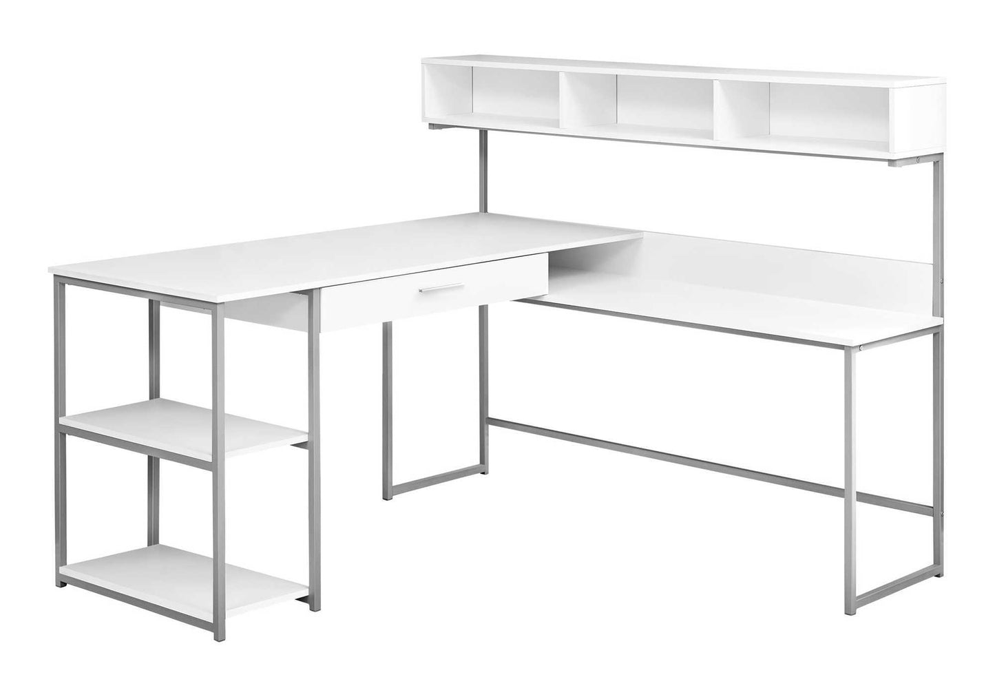 White Lshaped computer desk with silver metal frame and upper shelving unit