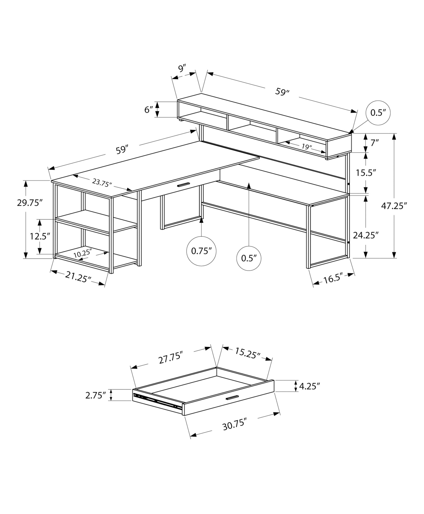 Diagram showing dimensions of a modern Lshaped computer desk with hutch and shelves