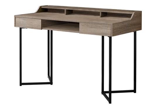 Modern wooden writing desk with black metal legs and open shelving