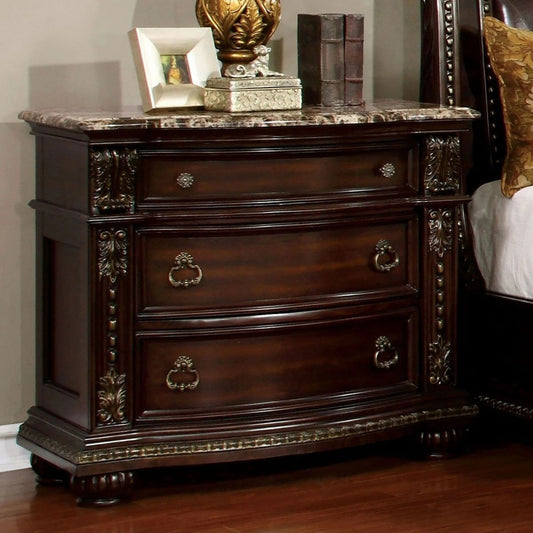 Ornate dark wood nightstand with marble top and antique brass hardware