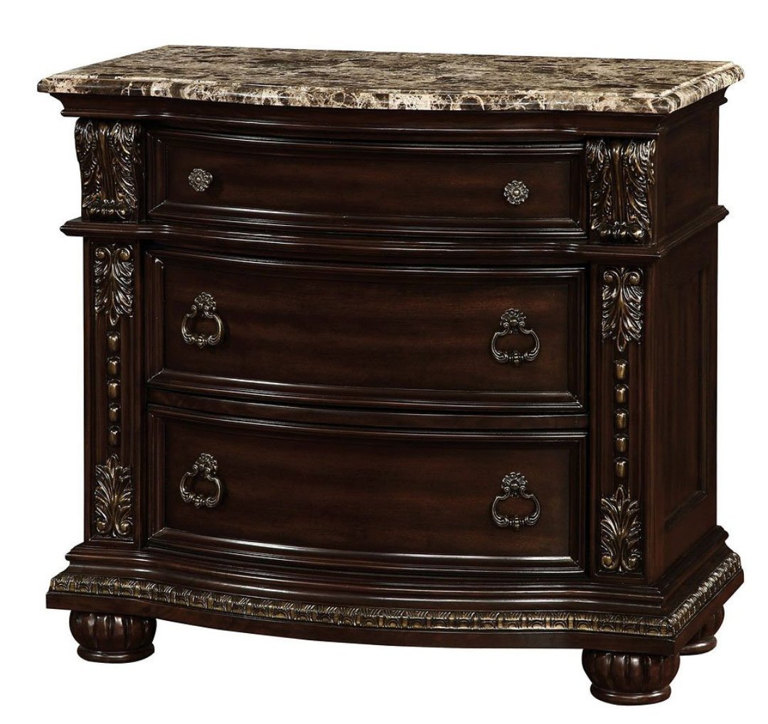 Dark cherry wood nightstand with marble top and ornate carvings