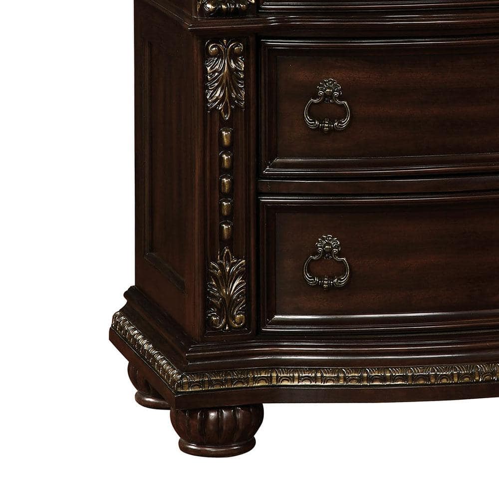 Dark cherry wood dresser with ornate metal drawer pulls