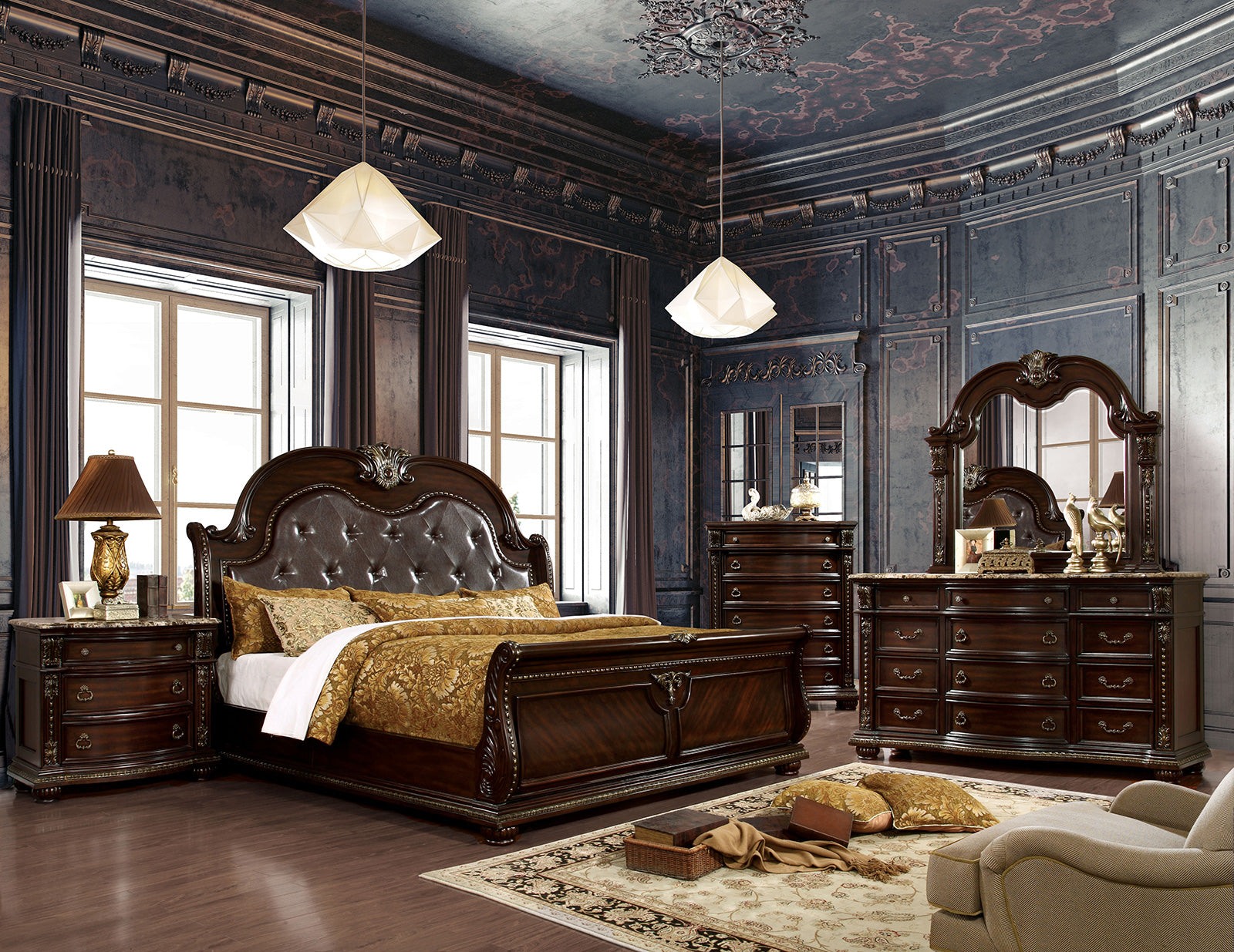 Dark brown tufted leather sleigh bed with ornate carved details