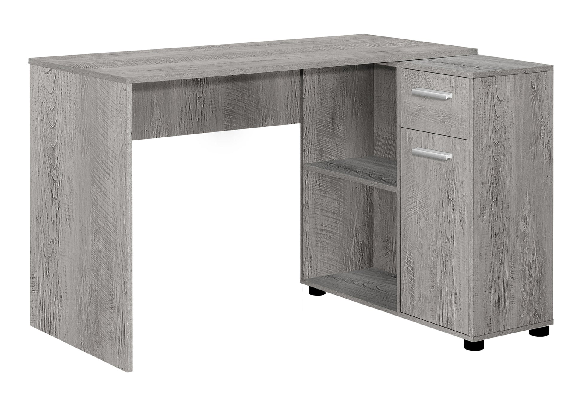 Grey wood grain Lshaped desk with two drawers and open shelving
