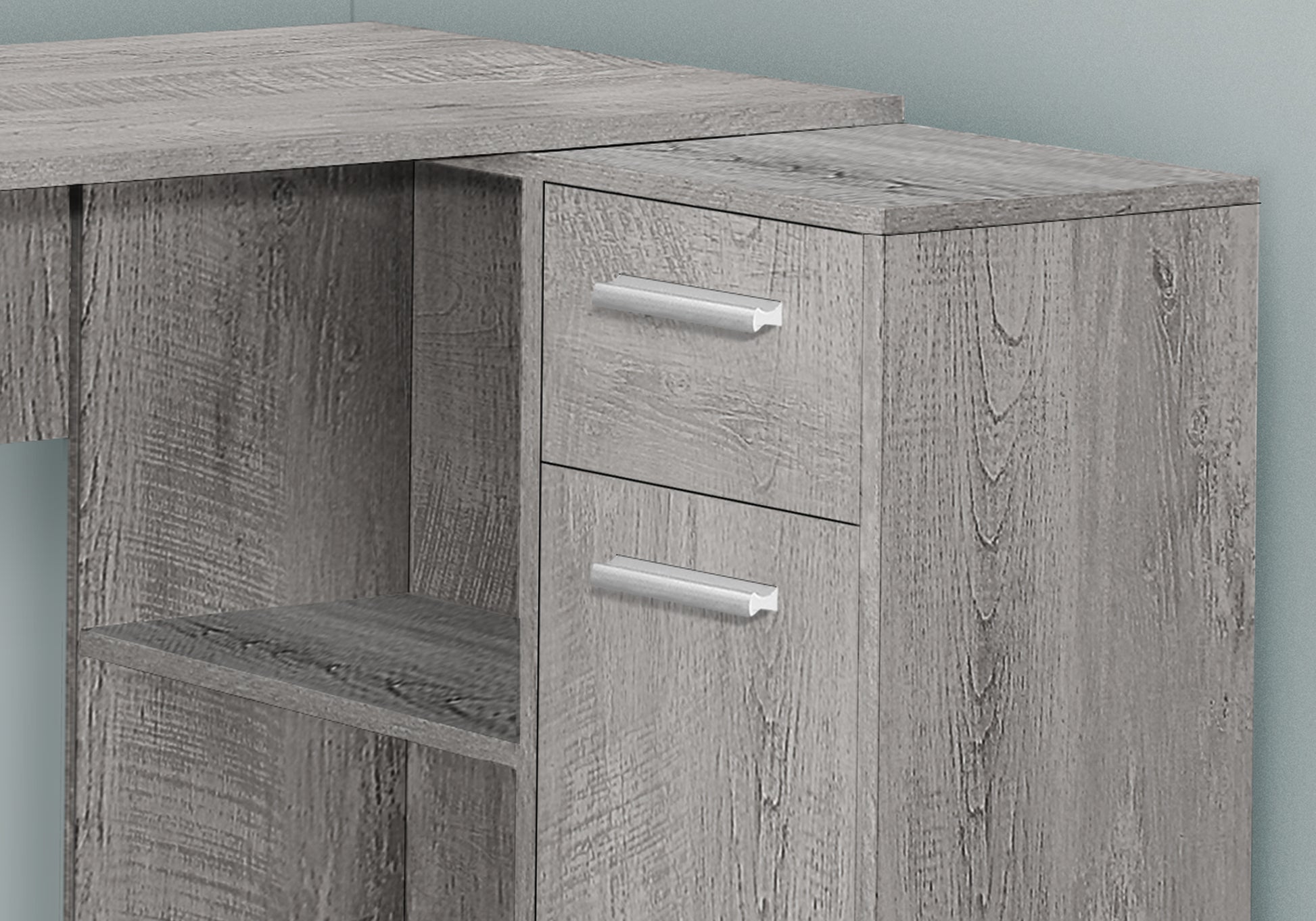 Rustic grey wood effect desk with two drawers and open shelving