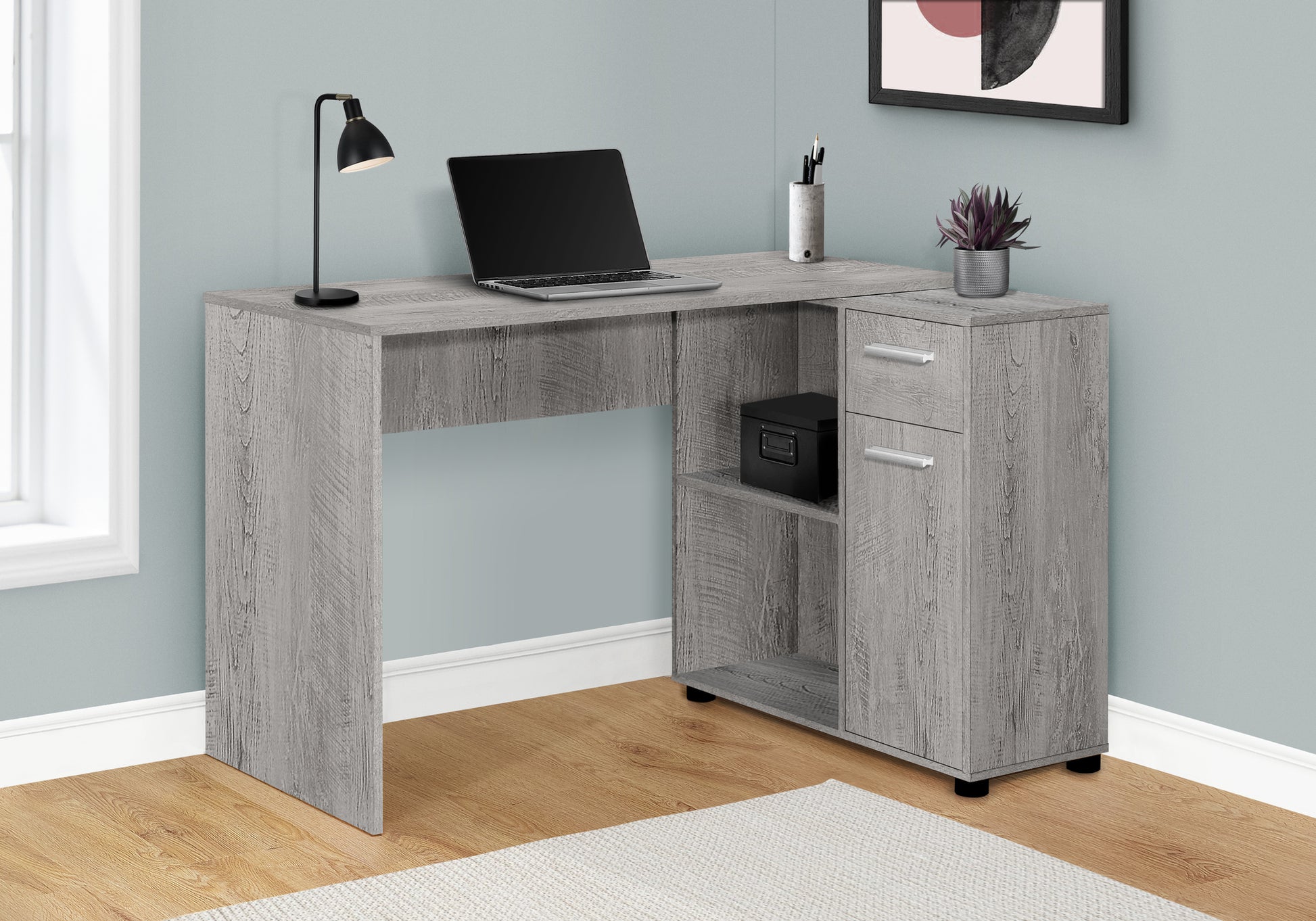 Grey wood finish Lshaped computer desk with storage shelves and drawers