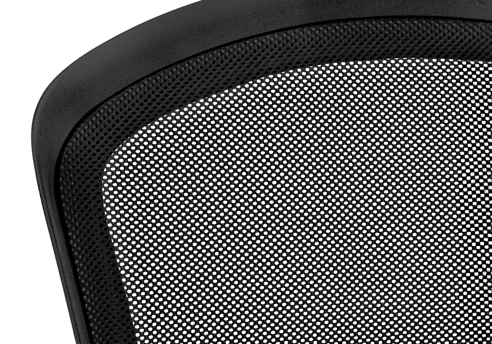 Closeup of black mesh office chair back with rounded edge detail