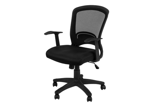 Black mesh back ergonomic office chair with adjustable armrests and wheeled base