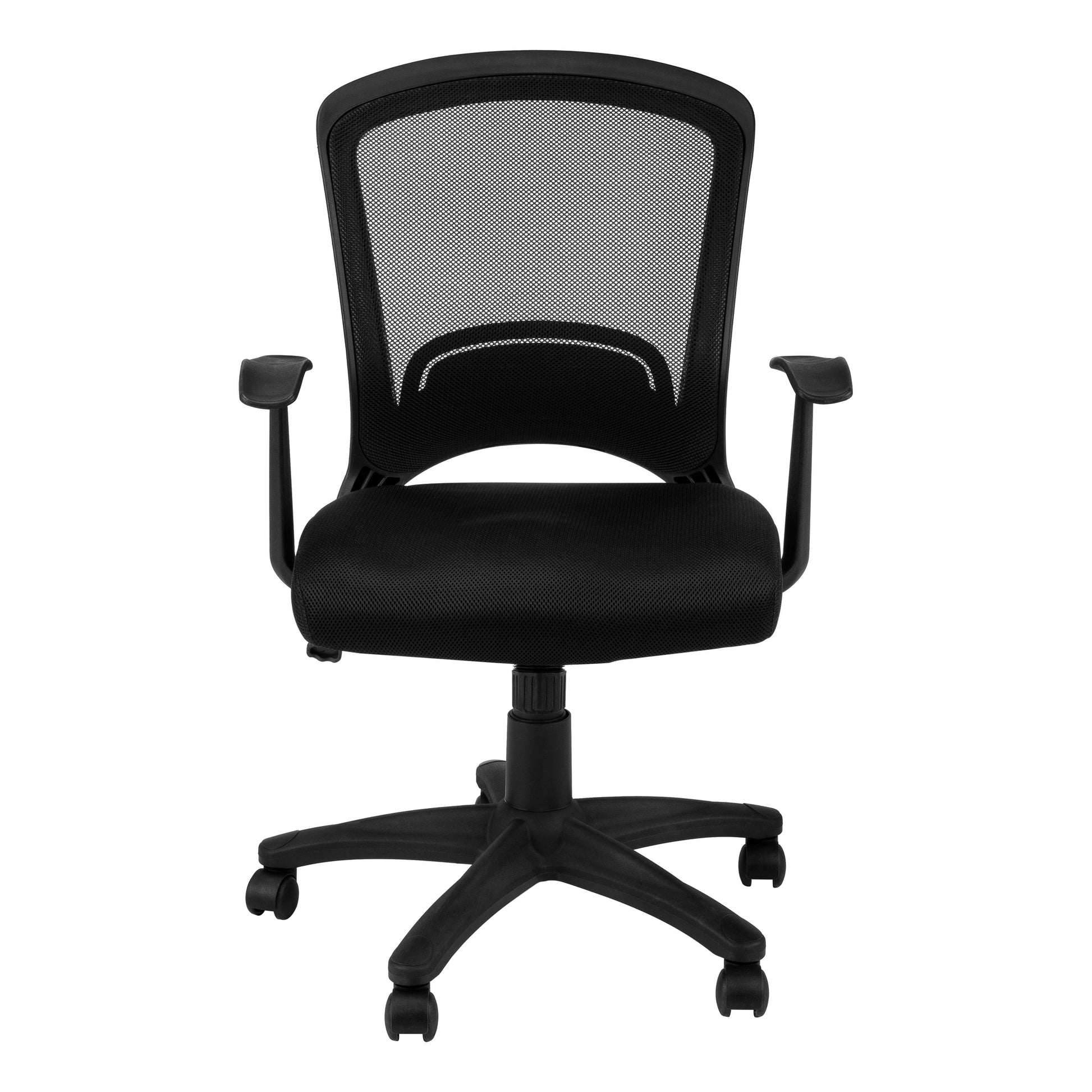 Black mesh back office chair with padded seat and adjustable arms for ergonomic comfort
