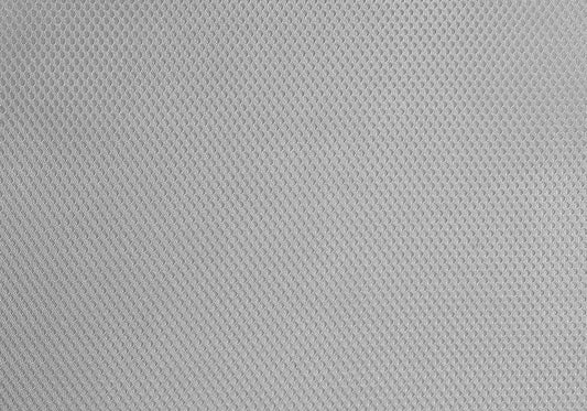 Closeup of light gray mesh fabric with small hexagonal holes perfect for activewear