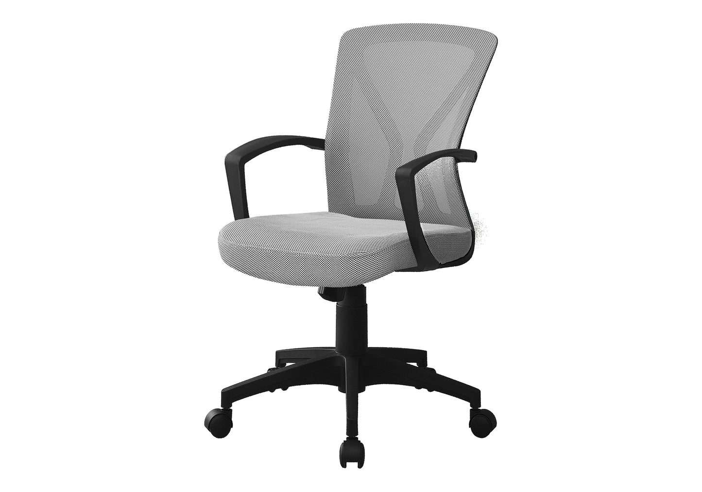 Gray mesh office chair with black armrests and a fivewheel base