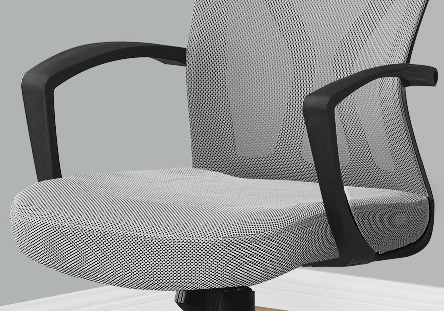 Gray mesh office chair with black arms comfortable for long work hours