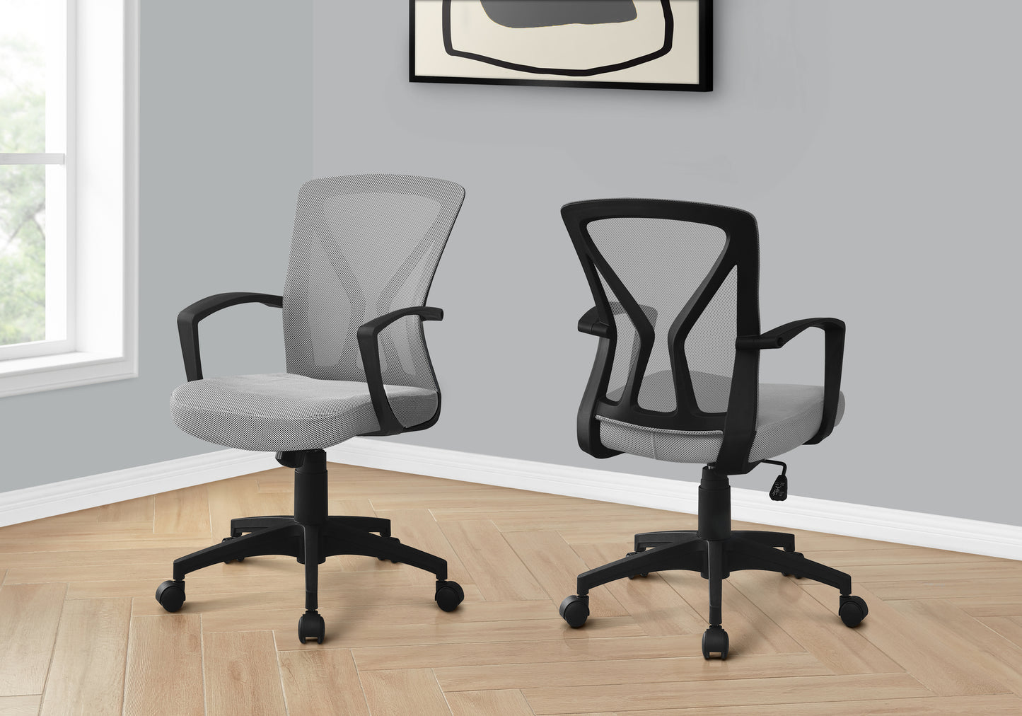 Gray mesh ergonomic office chair with adjustable height and lumbar support