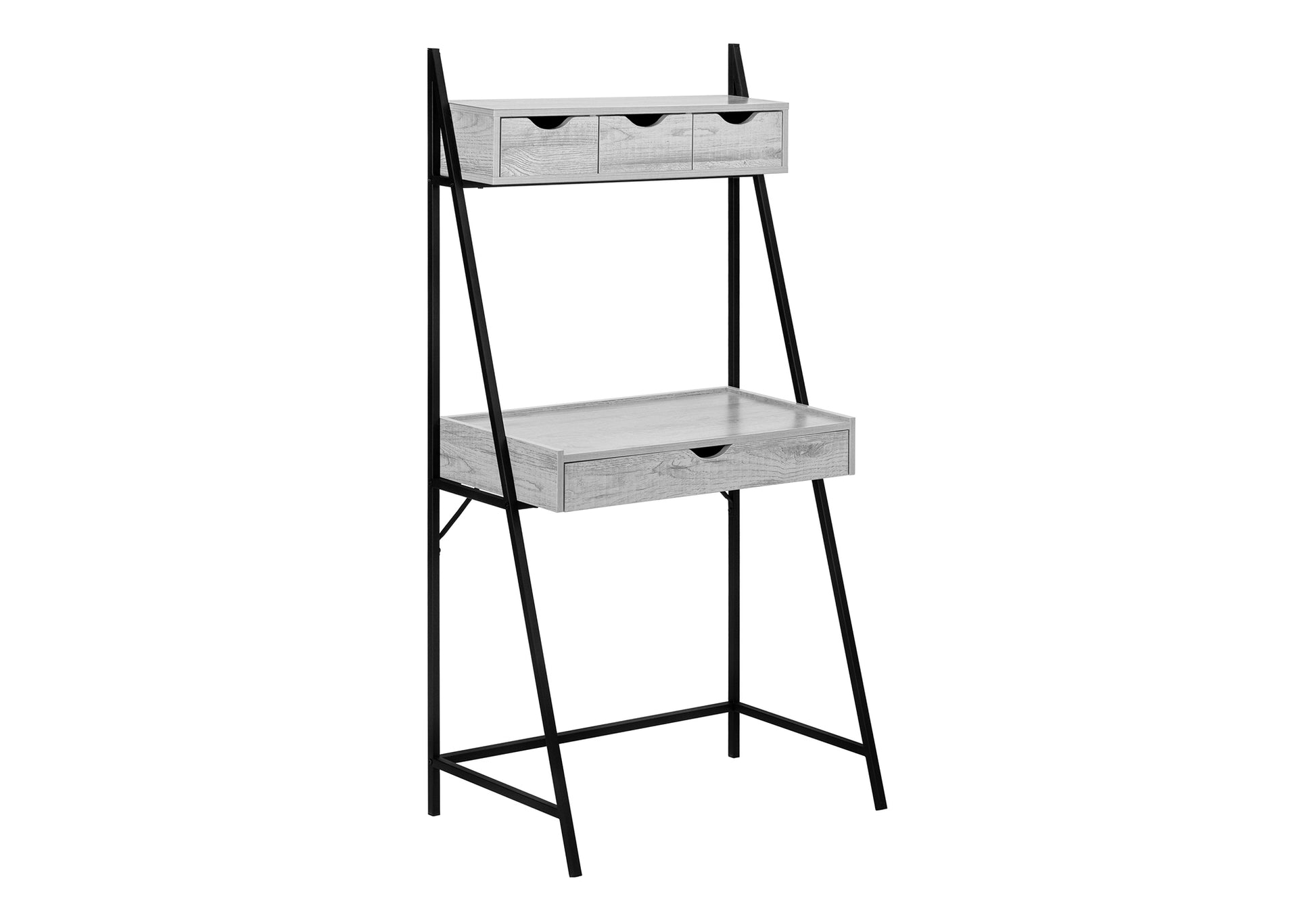 Modern ladder desk with light wood grain finish and black metal frame featuring two shelves and a drawer
