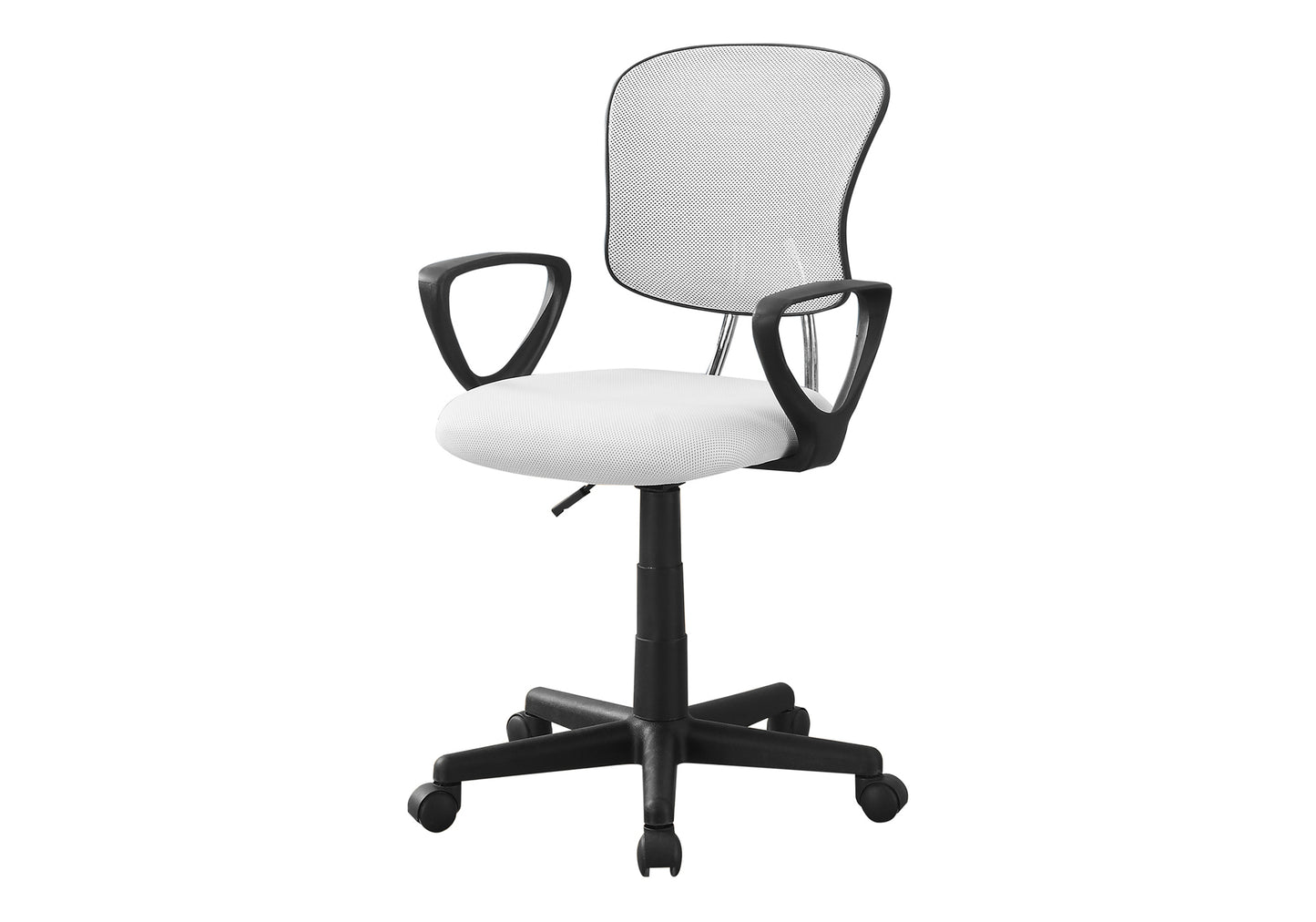 White mesh back office chair with black armrests and wheels