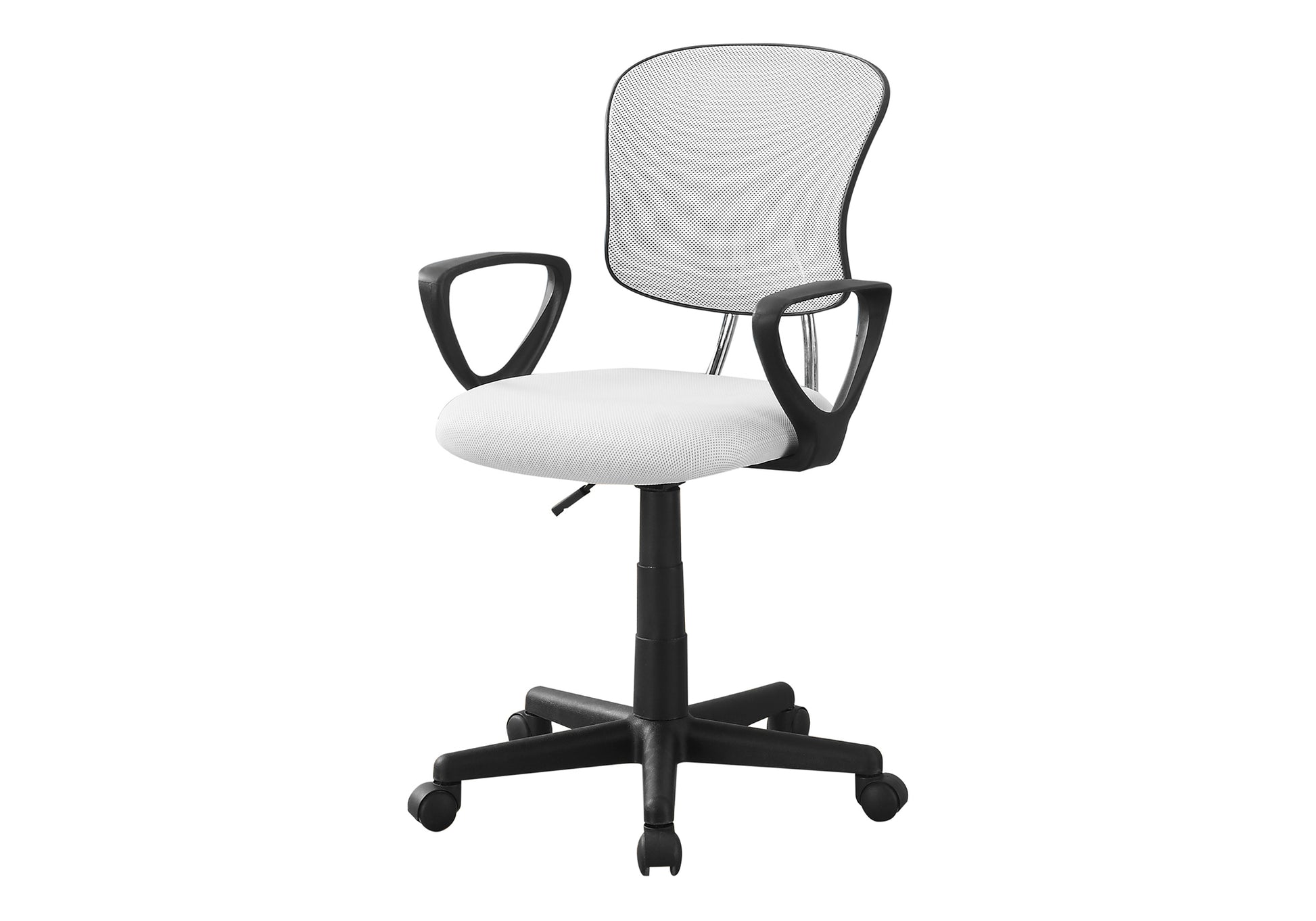 White mesh back office chair with black armrests and wheels