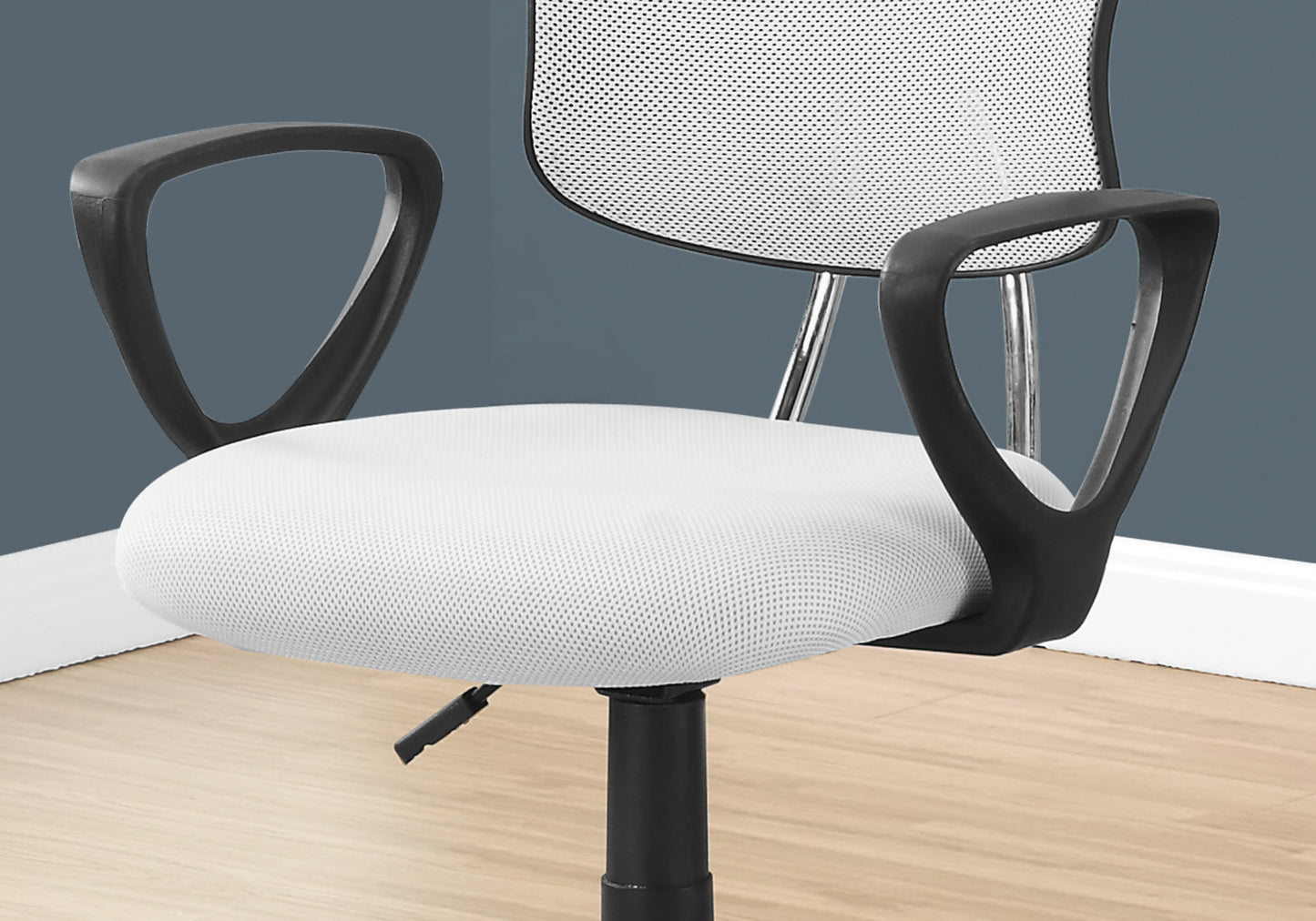 White mesh ergonomic office chair with black armrests and base