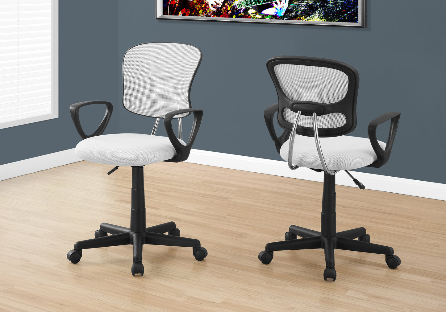 White mesh ergonomic office chair with padded seat and adjustable height for comfortable work