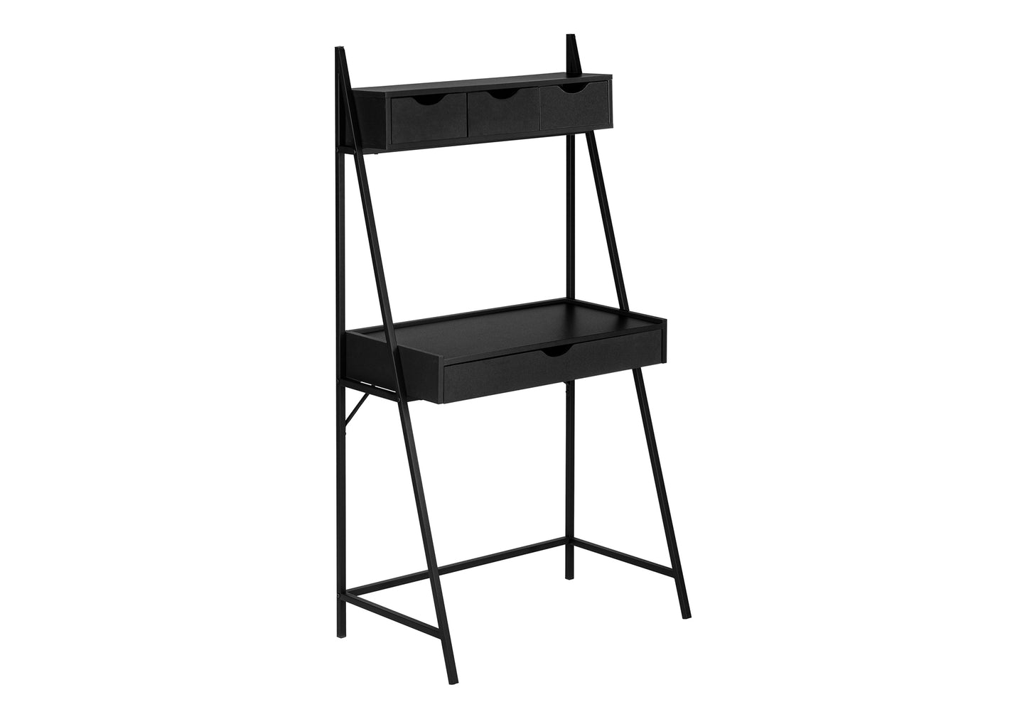 Black modern ladder desk with three upper drawers and one lower drawer for home office use