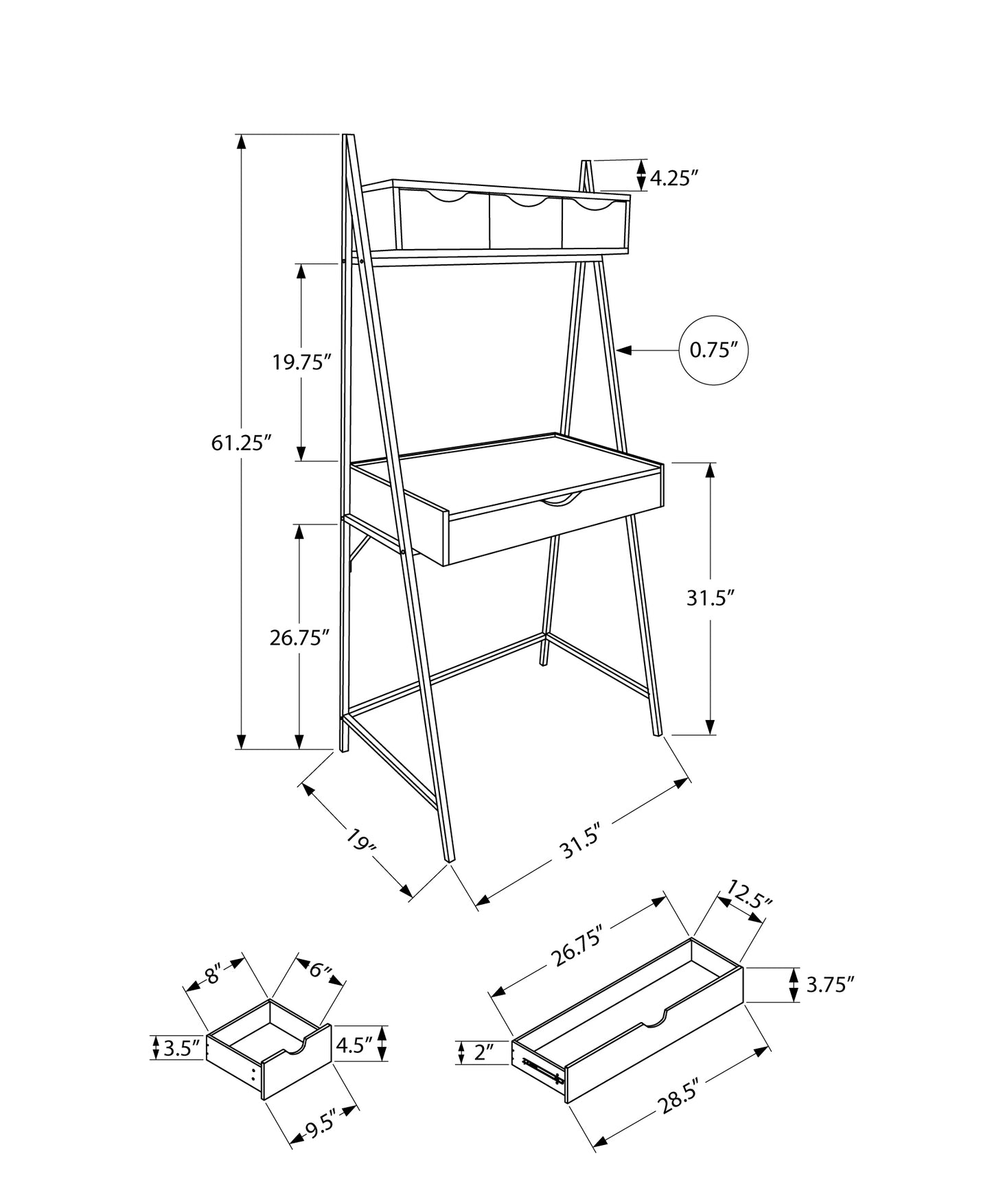 Dimensions for modern ladder desk with three top drawers and one large drawer