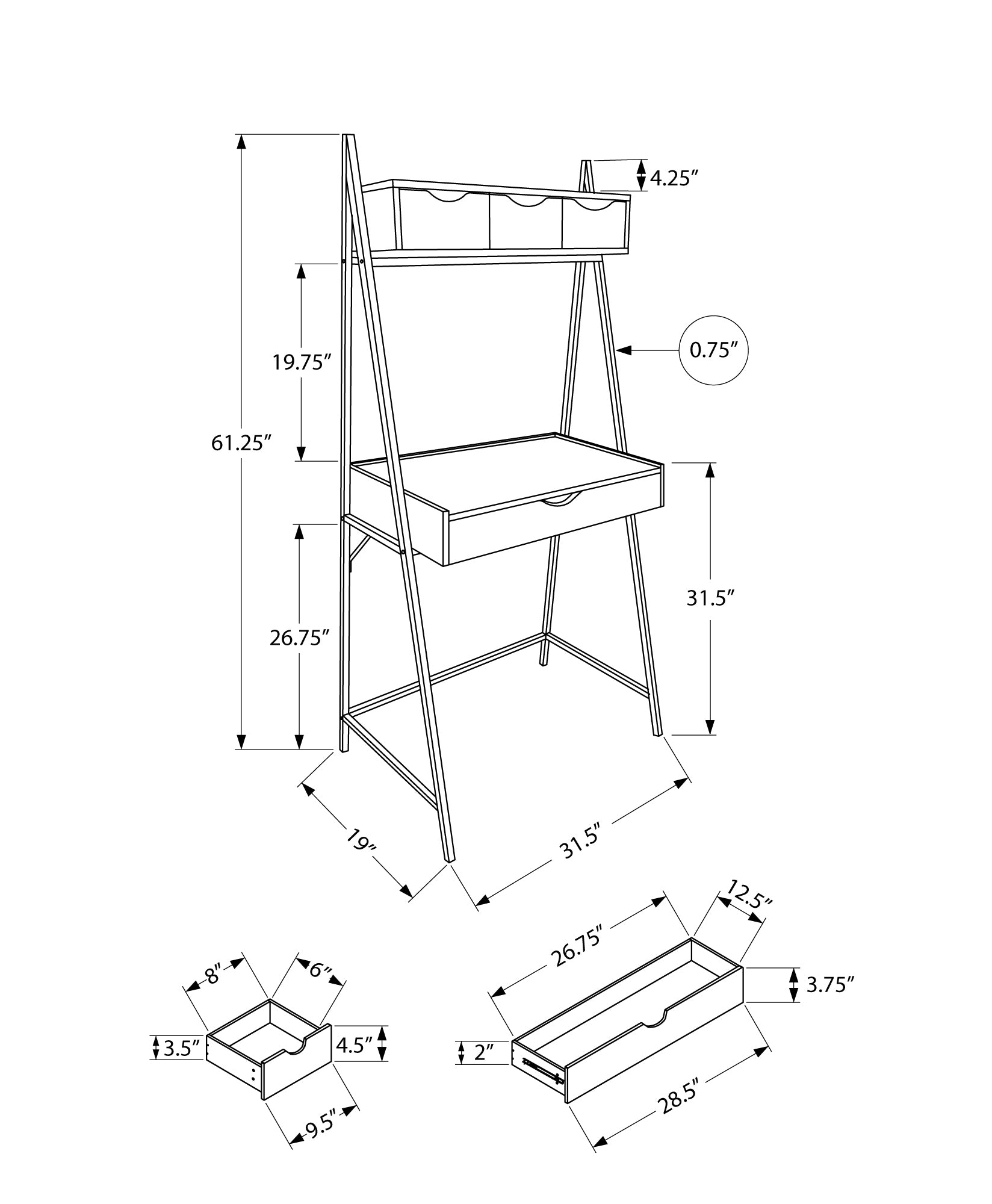 Dimensions for modern ladder desk with three top drawers and one large drawer