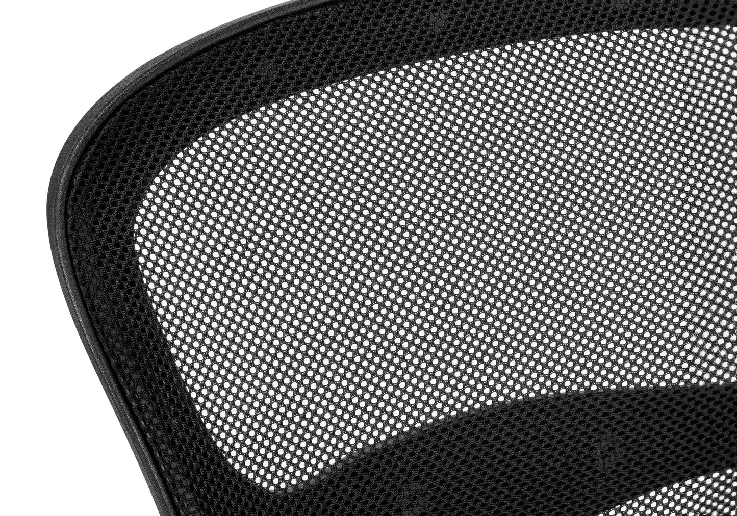 Closeup of black mesh office chair back with white circular pattern