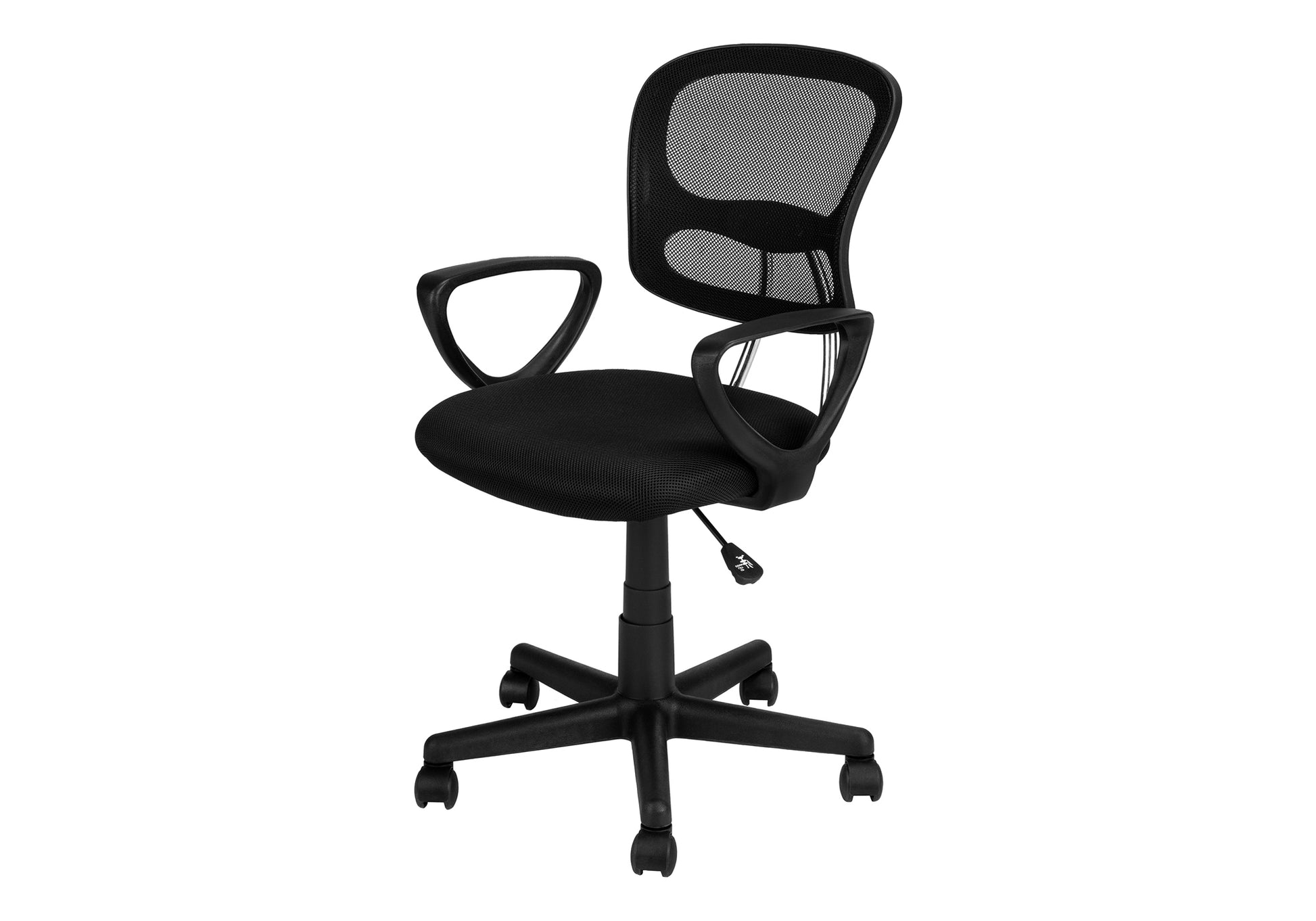 Black mesh back office chair with padded seat and adjustable height control lever