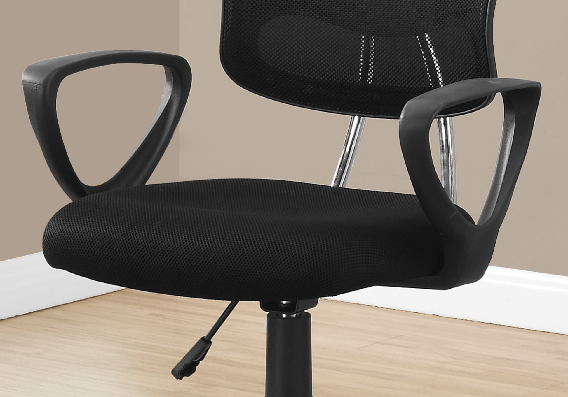 Black mesh office chair with padded seat and ergonomic arms